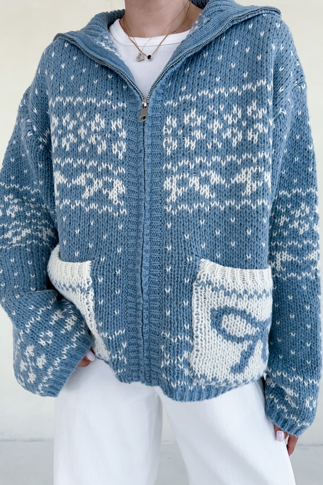 Claire Ribbon Zip Up Cardigan in Dusty Blue - Neutral Ground