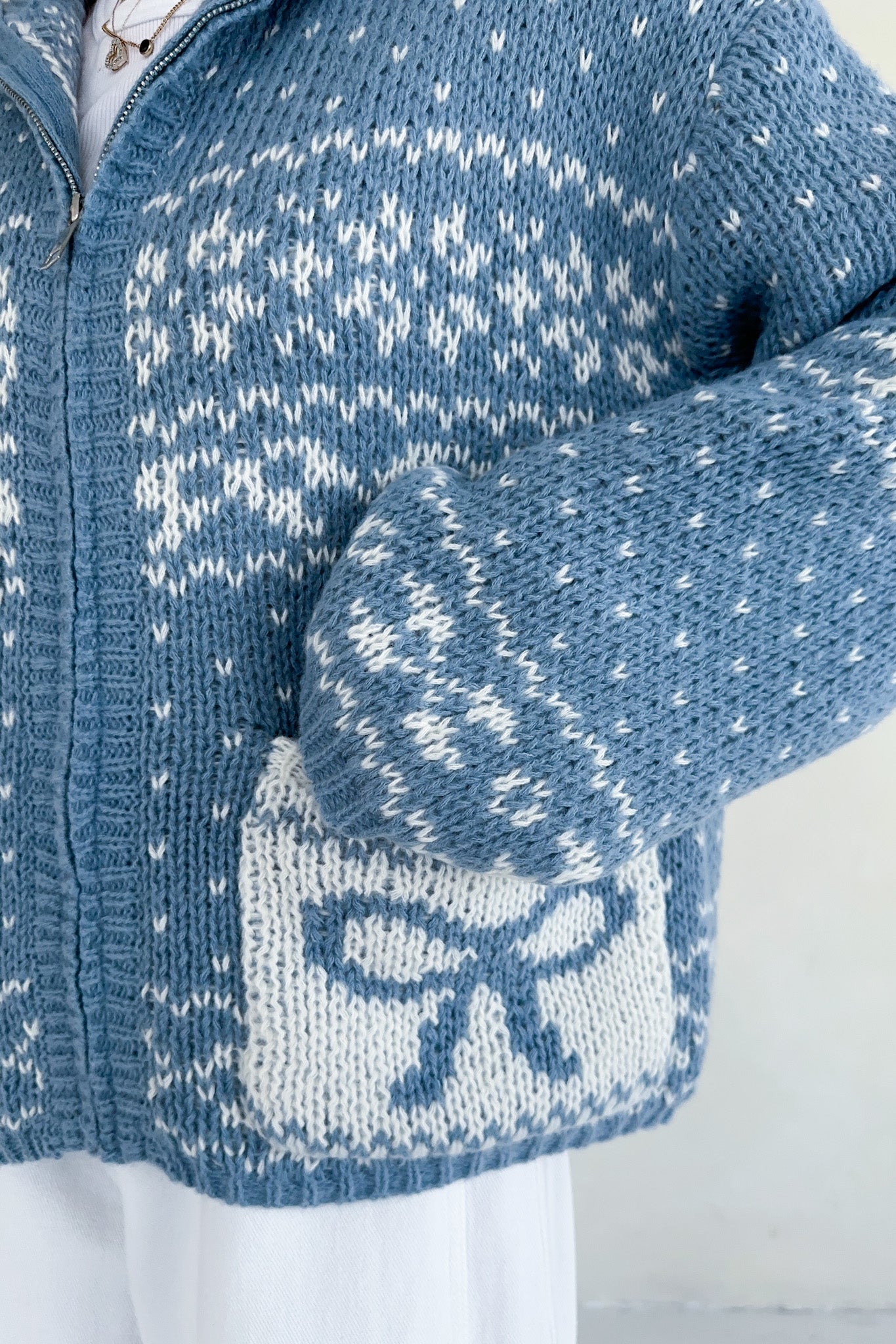 Claire Ribbon Zip Up Cardigan in Dusty Blue - Neutral Ground