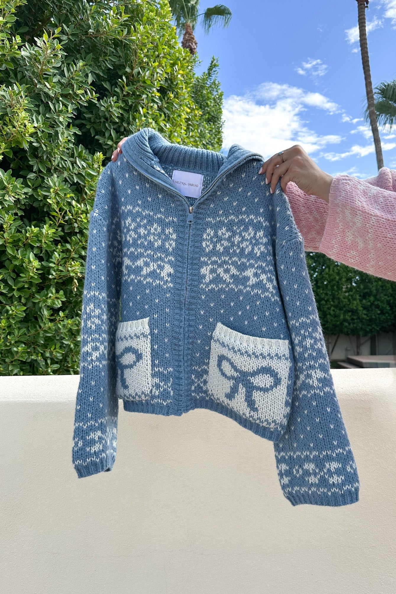 Claire Ribbon Zip Up Cardigan in Dusty Blue - Neutral Ground
