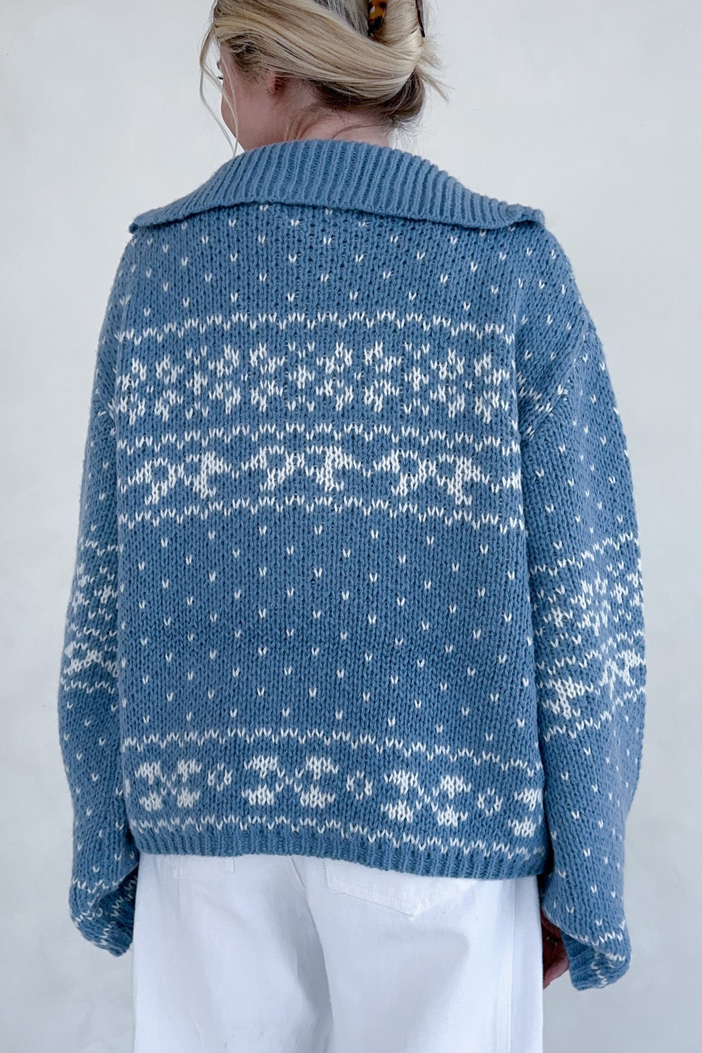 Claire Ribbon Zip Up Cardigan in Dusty Blue - Neutral Ground