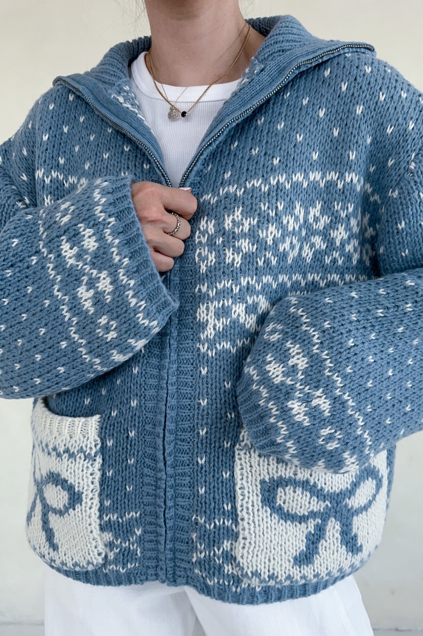 Claire Ribbon Zip Up Cardigan in Dusty Blue - Neutral Ground