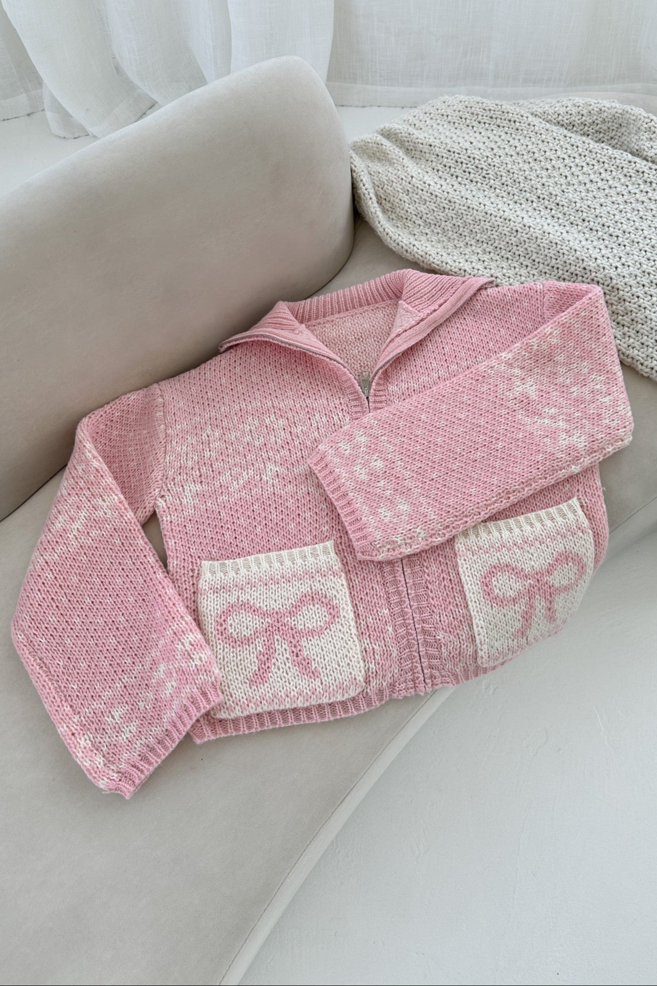 Claire Ribbon Zip Up Cardigan in Sweet Pink - Neutral Ground