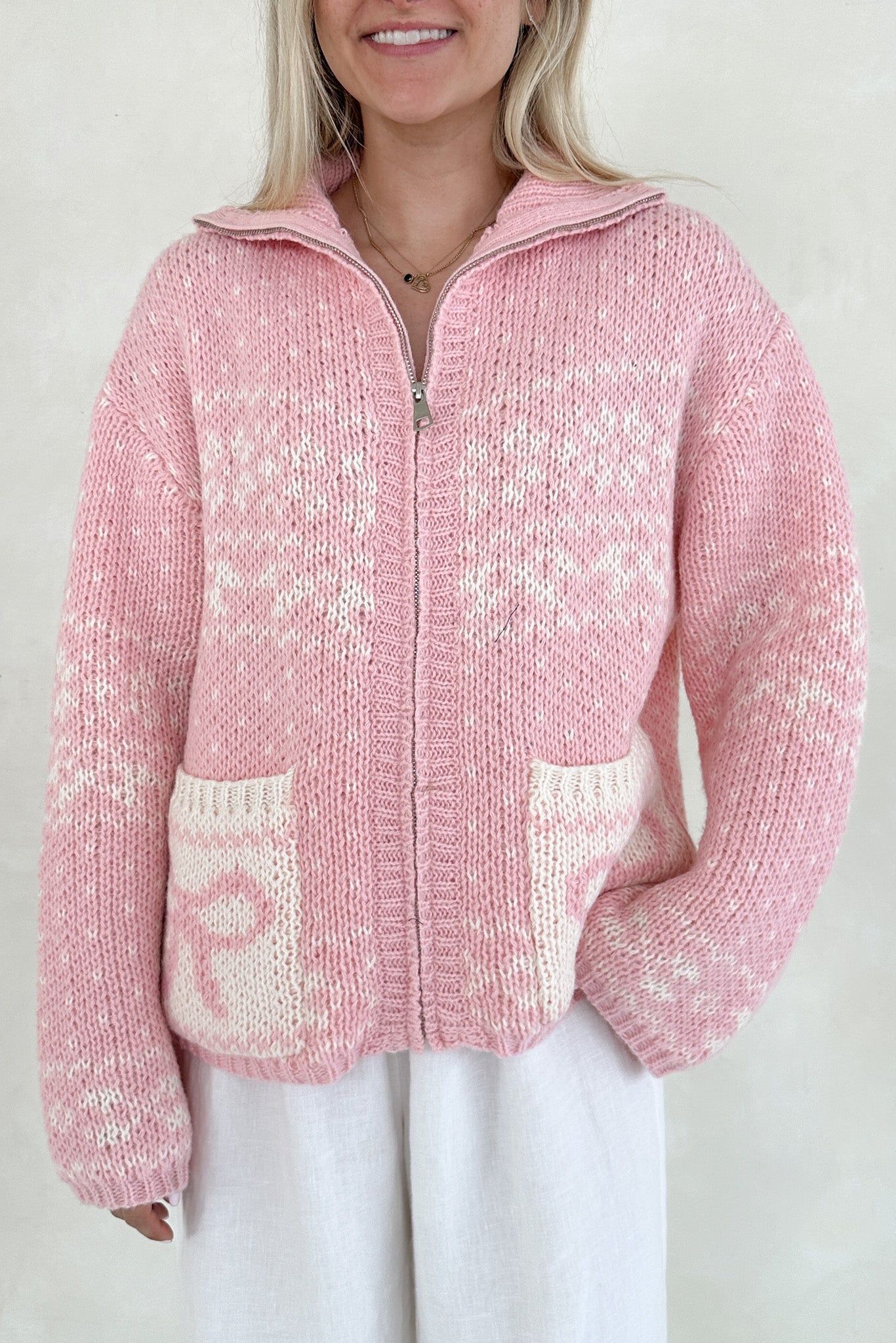 Claire Ribbon Zip Up Cardigan in Sweet Pink - Neutral Ground