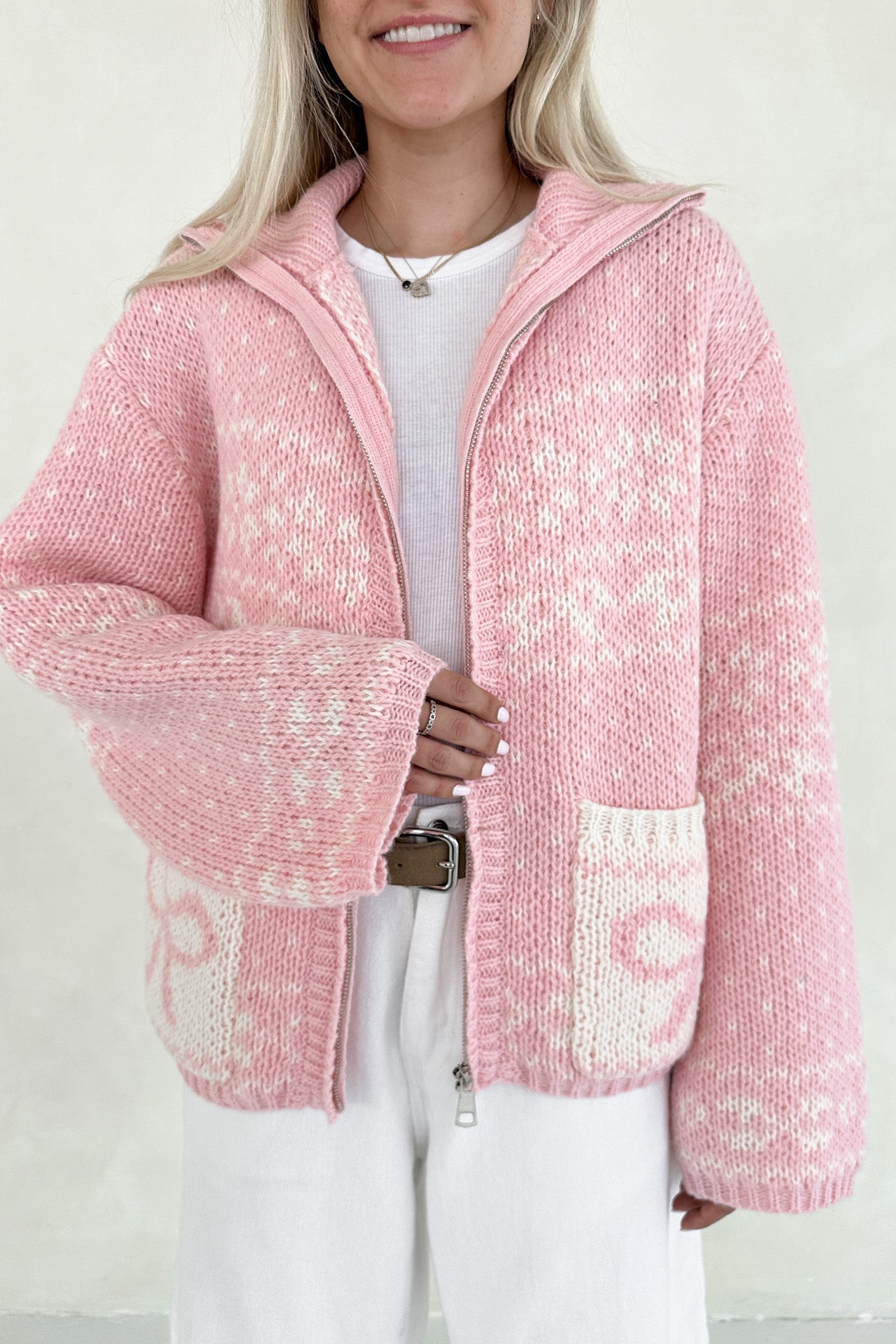 Claire Ribbon Zip Up Cardigan in Sweet Pink - Neutral Ground