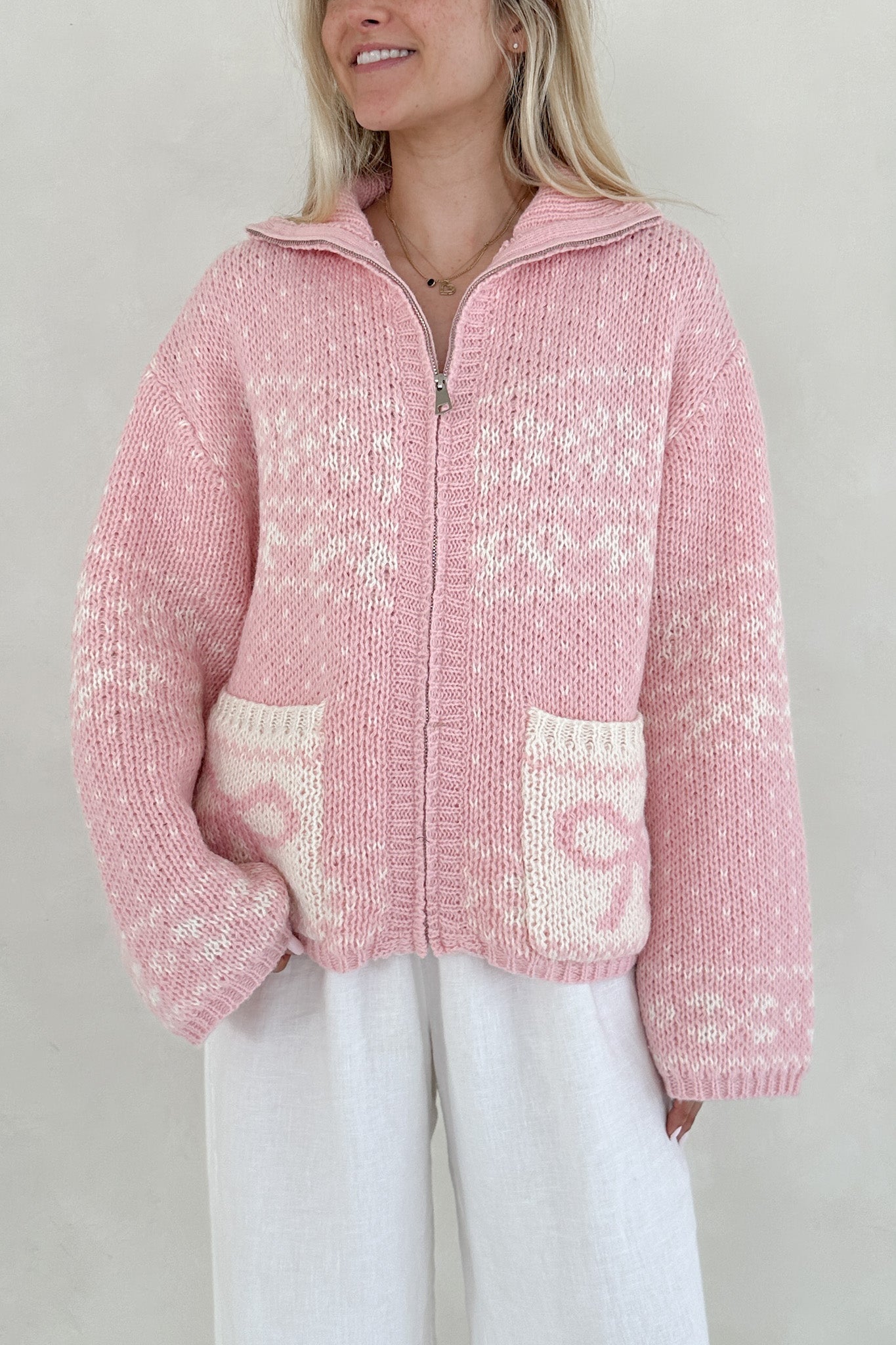 Claire Ribbon Zip Up Cardigan in Sweet Pink - Neutral Ground