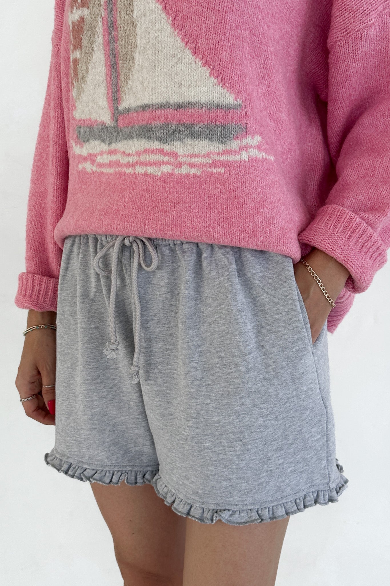 Clementine Ruffle Hem Knit Shorts in Grey - Neutral Ground