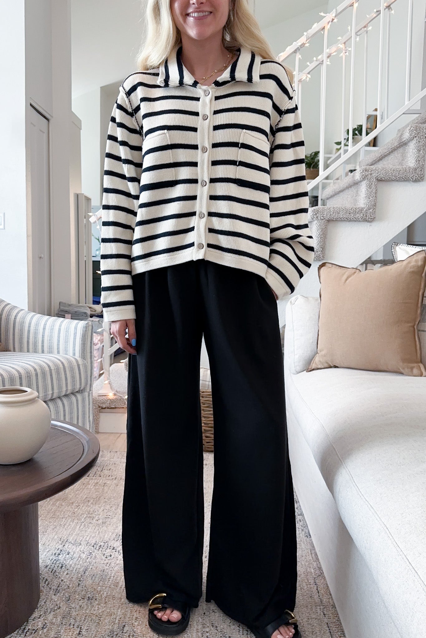 Cleo Striped Button Down Knit Cardigan - Neutral Ground