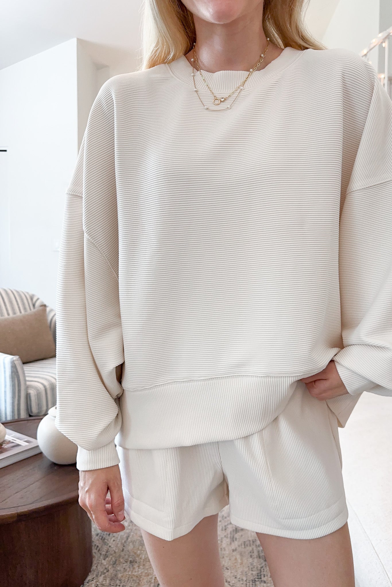 Cosette Lightweight Ribbed Shorts in Ivory - Neutral Ground