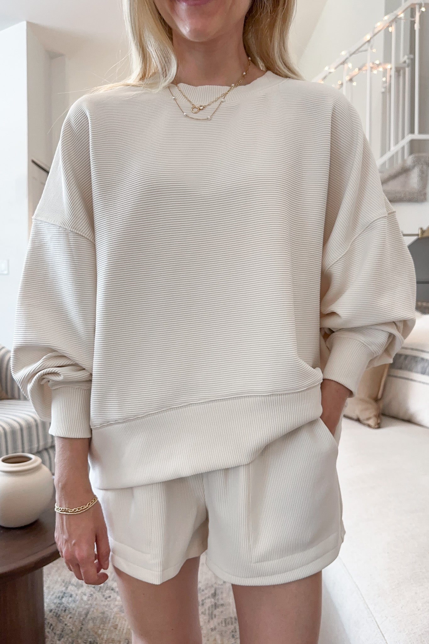 Cosette Lightweight Ribbed Shorts in Ivory - Neutral Ground