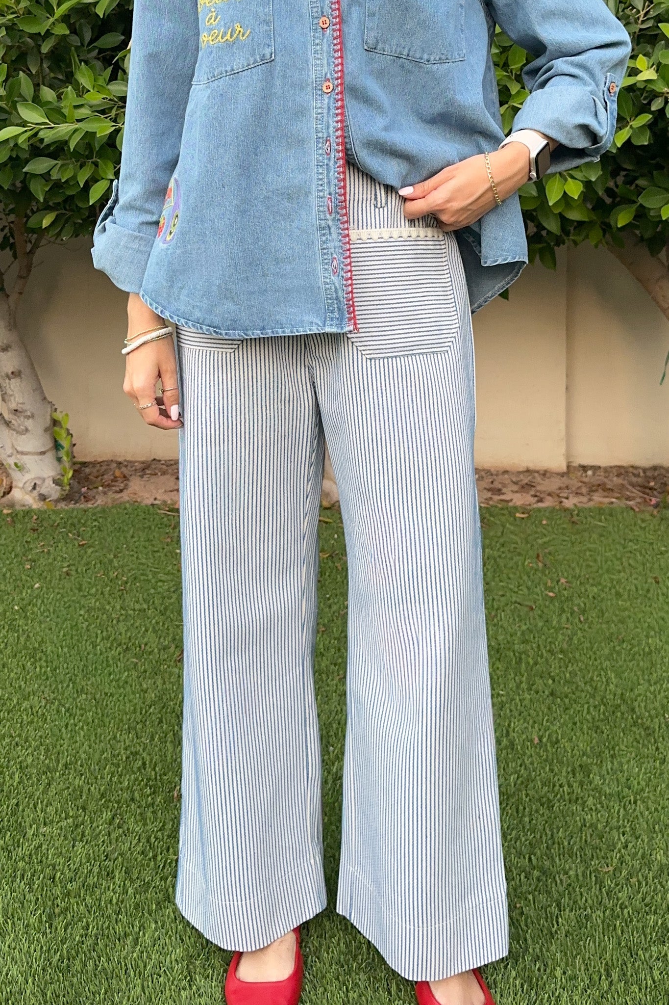 Cosette Striped Cotton Stitched Wide Leg Pants - Neutral Ground