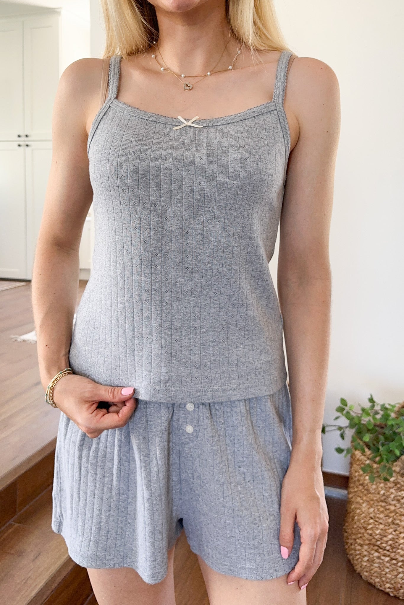 Daisy Pointelle Ribbed Knit Tank Top in Heather Grey - Neutral Ground