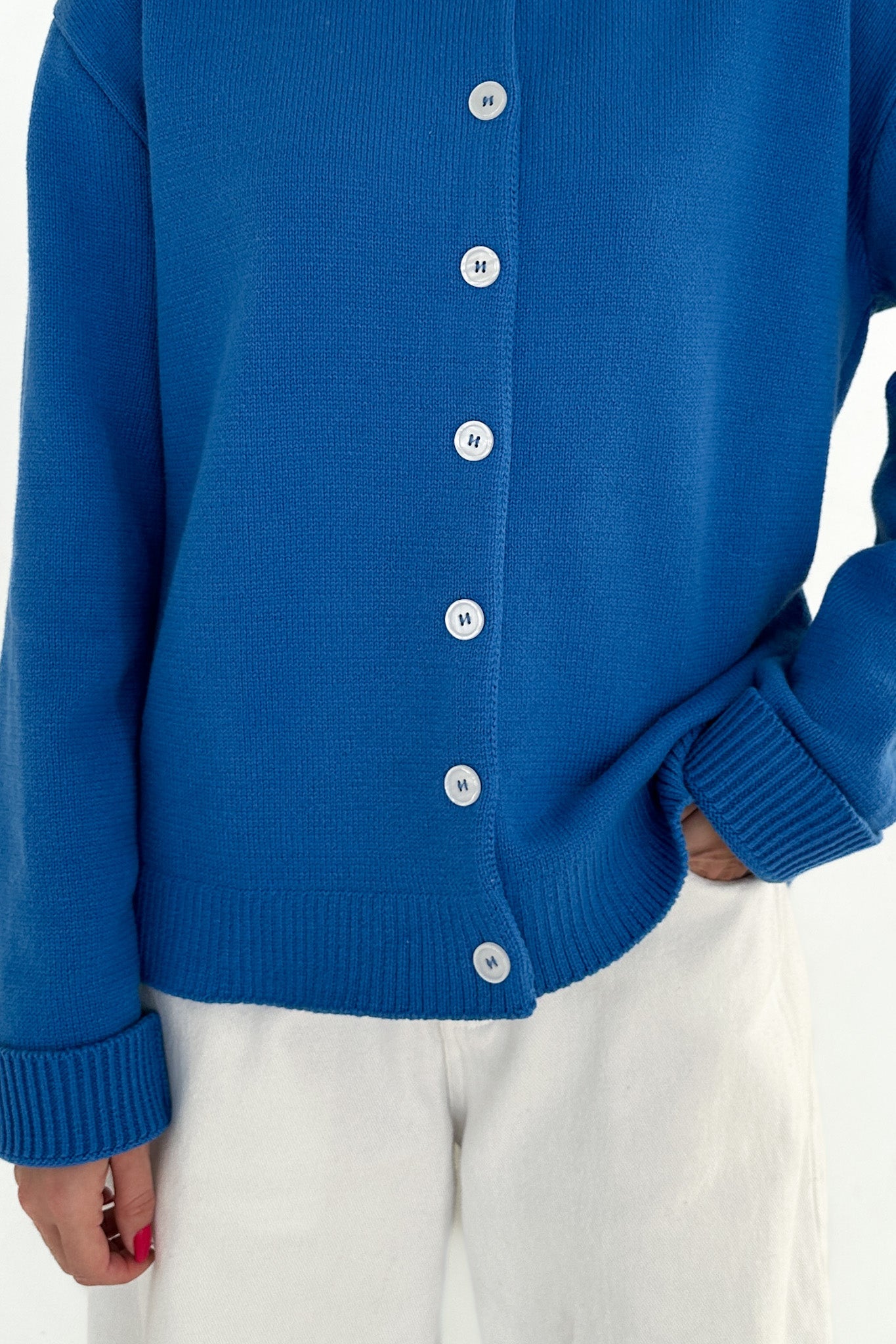 Daisy Rolled Neckline Button Up Cotton Cardigan in Royal - Neutral Ground