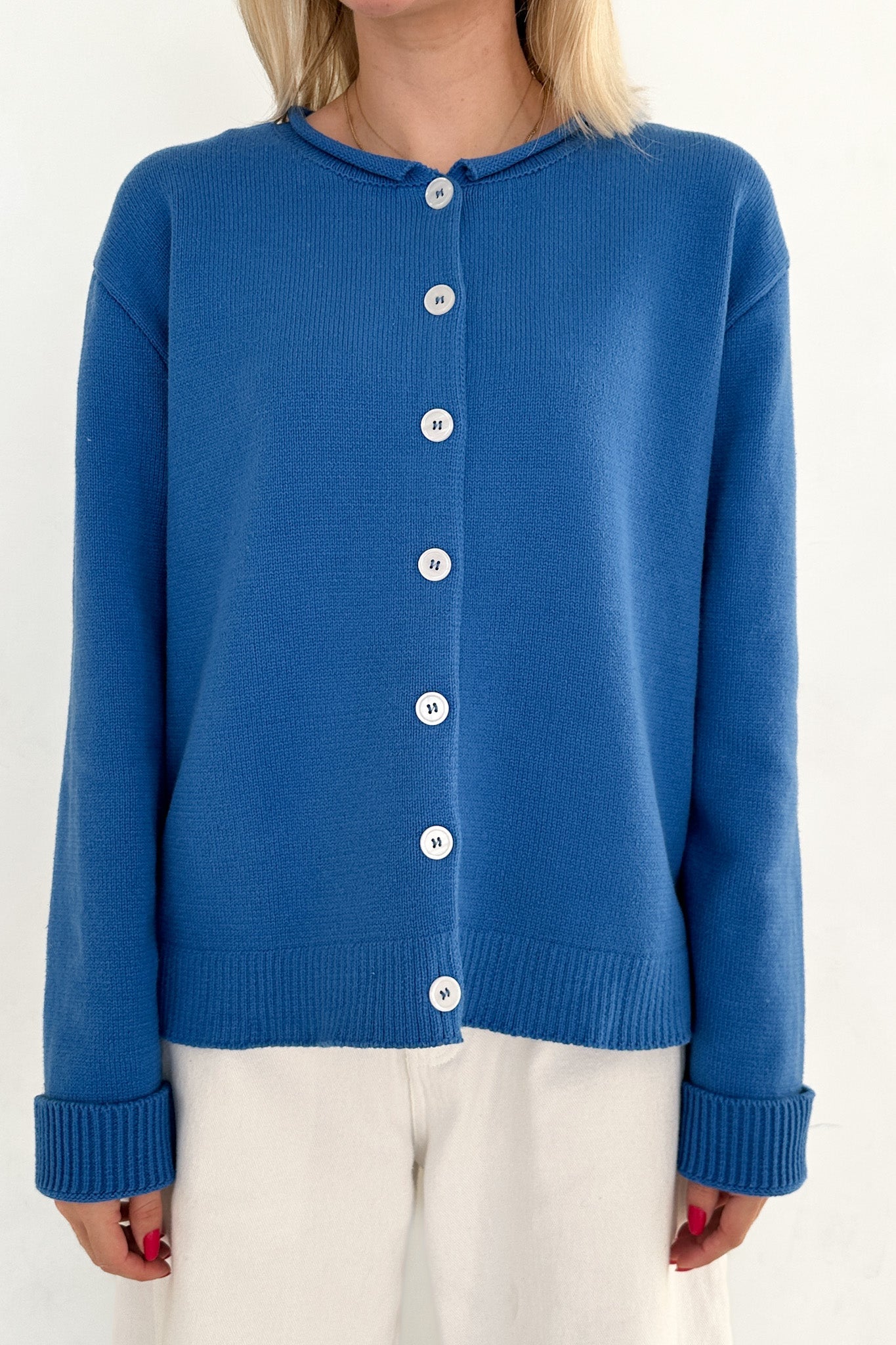 Daisy Rolled Neckline Button Up Cotton Cardigan in Royal - Neutral Ground