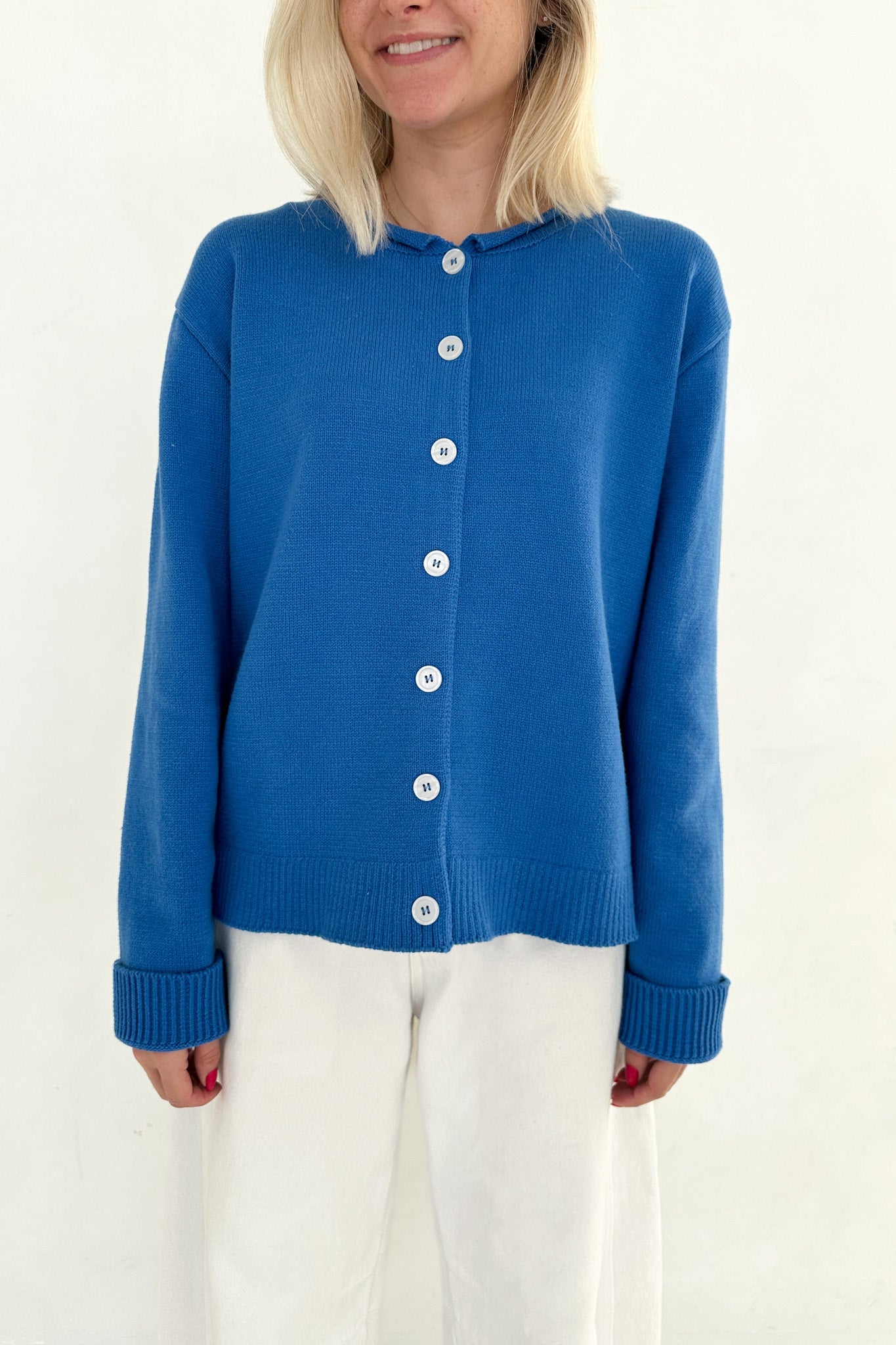Daisy Rolled Neckline Button Up Cotton Cardigan in Royal - Neutral Ground