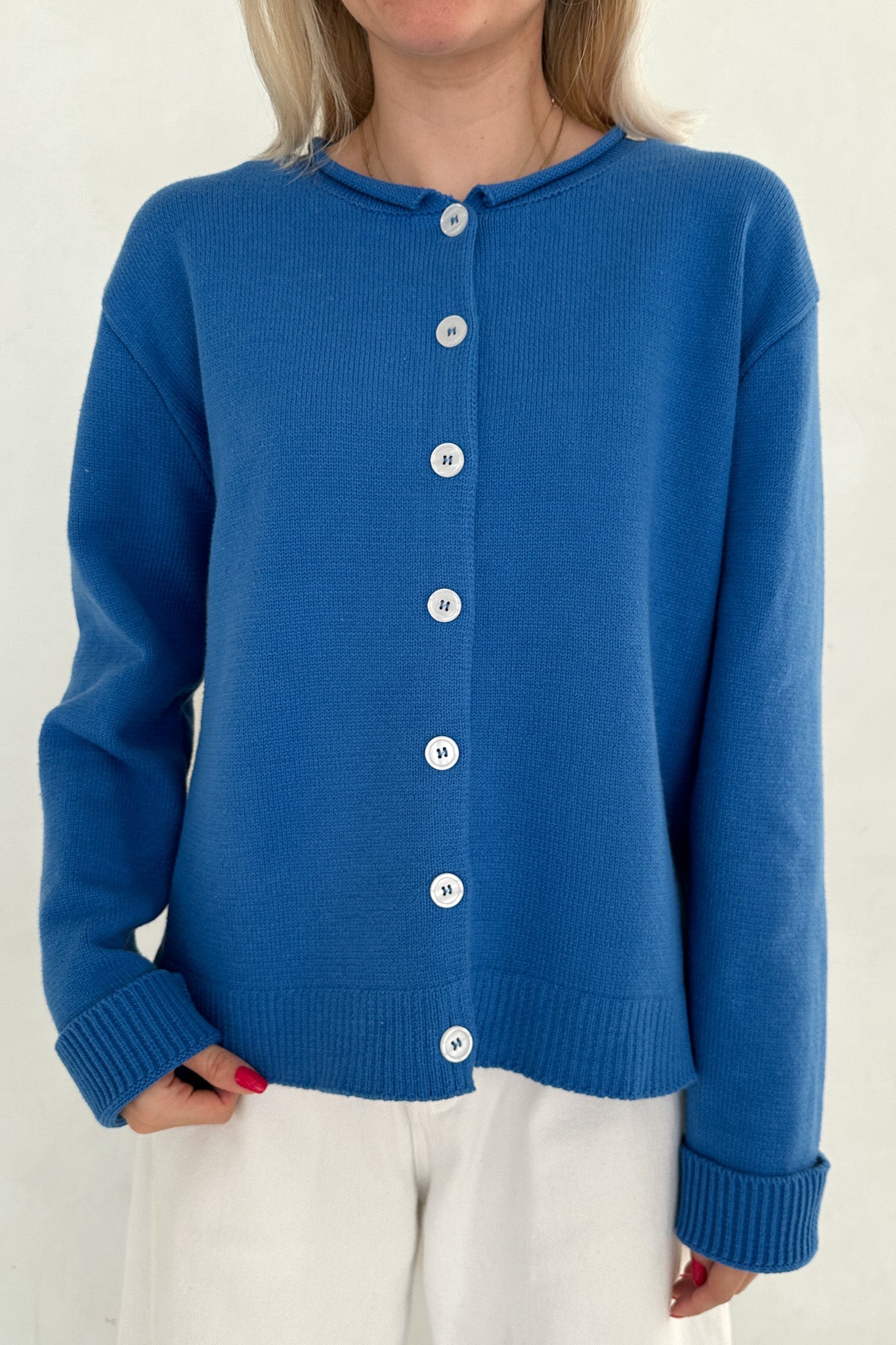 Daisy Rolled Neckline Button Up Cotton Cardigan in Royal - Neutral Ground