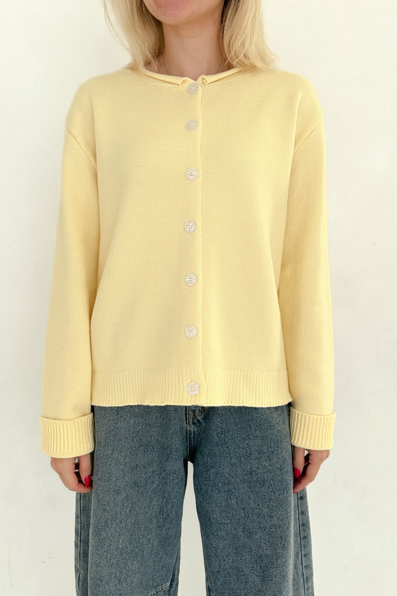 Daisy Rolled Neckline Button Up Cotton Cardigan in Sunshine - Neutral Ground