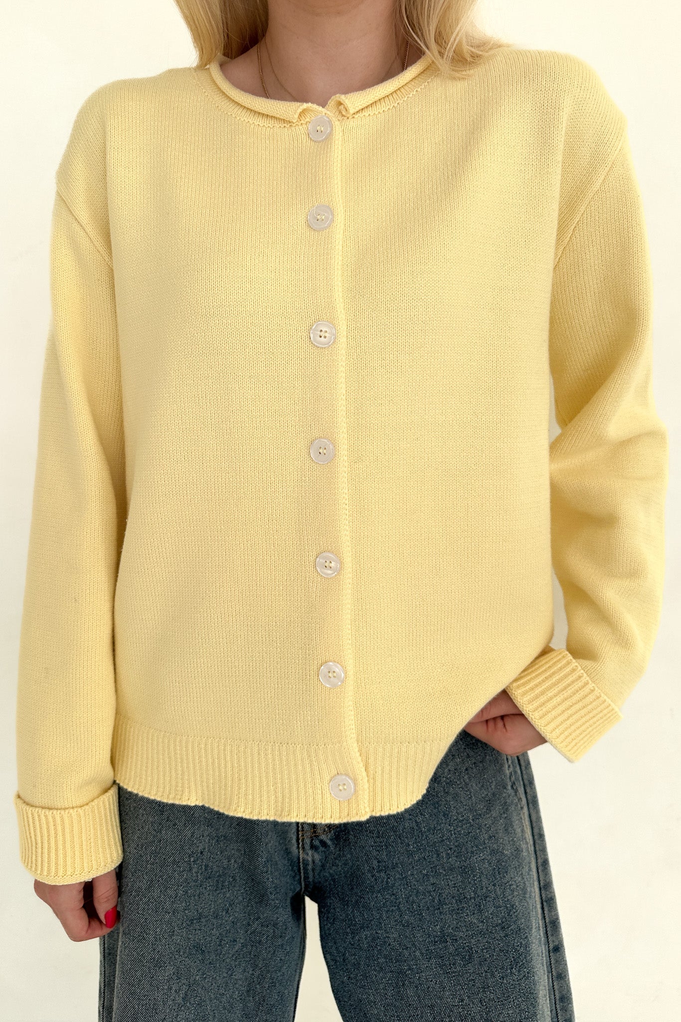 Daisy Rolled Neckline Button Up Cotton Cardigan in Sunshine - Neutral Ground