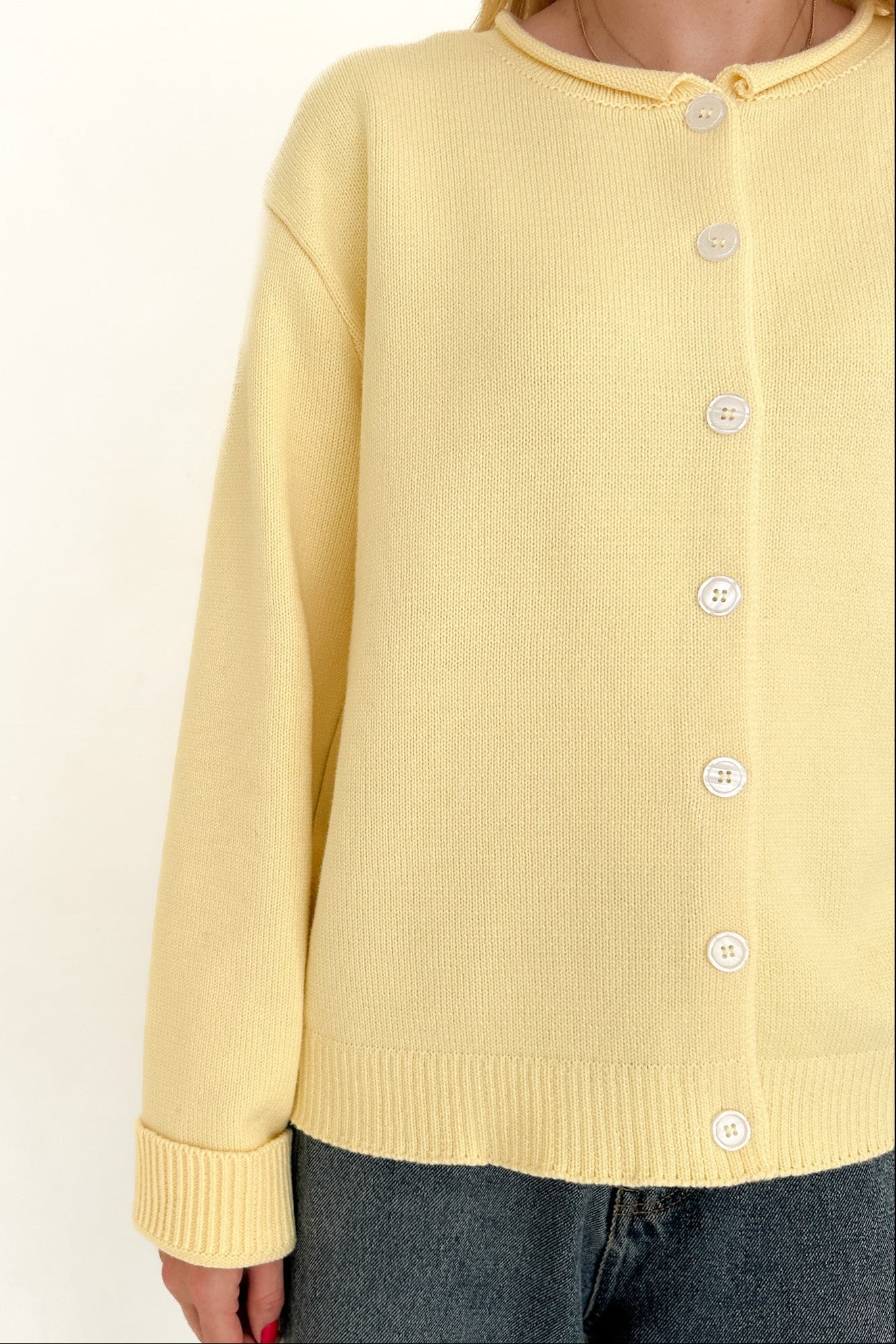 Daisy Rolled Neckline Button Up Cotton Cardigan in Sunshine - Neutral Ground