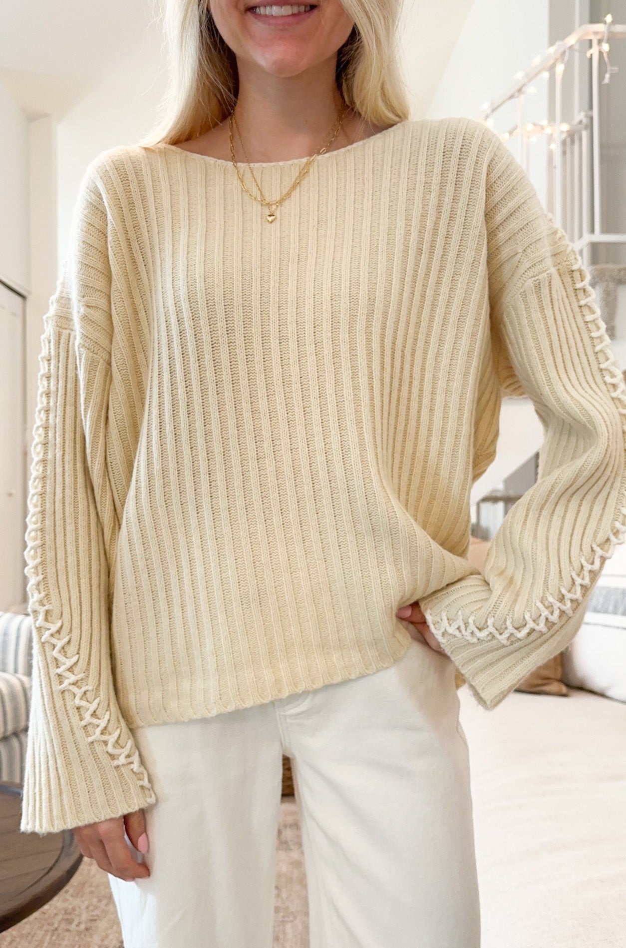 Daisy Stitch Details Knit Sweater in Natural - Neutral Ground