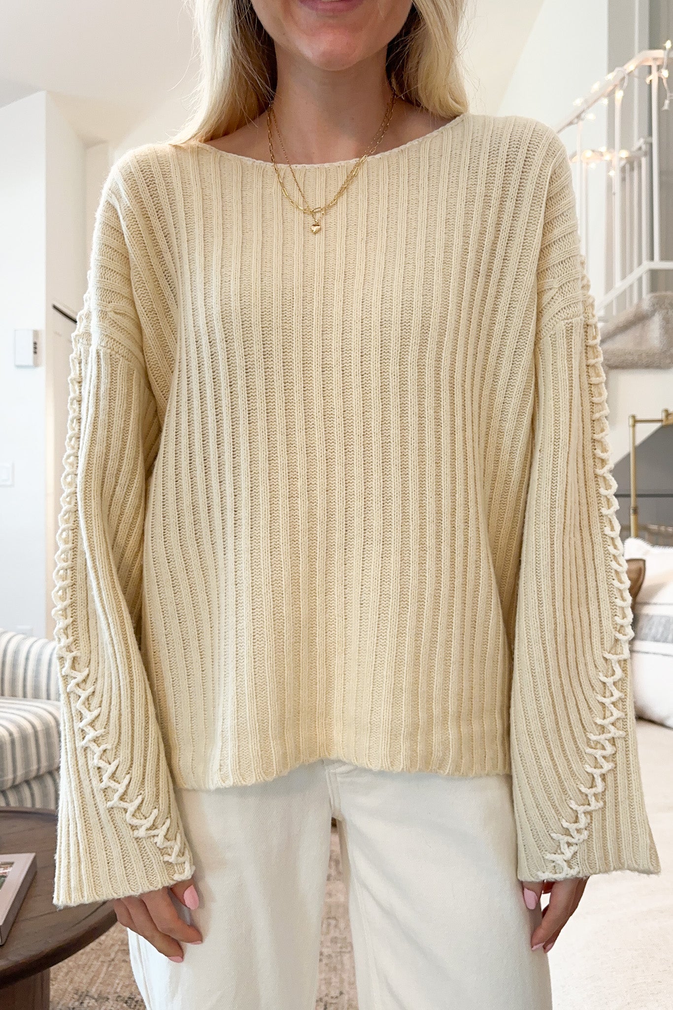 Daisy Stitch Details Knit Sweater in Natural - Neutral Ground