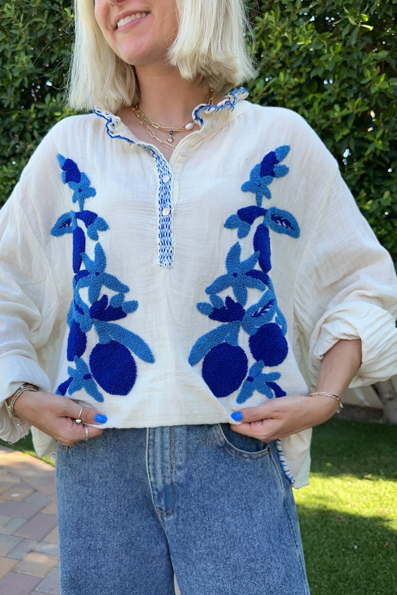 Dancing Queen Embroidered Cotton Top - Neutral Ground