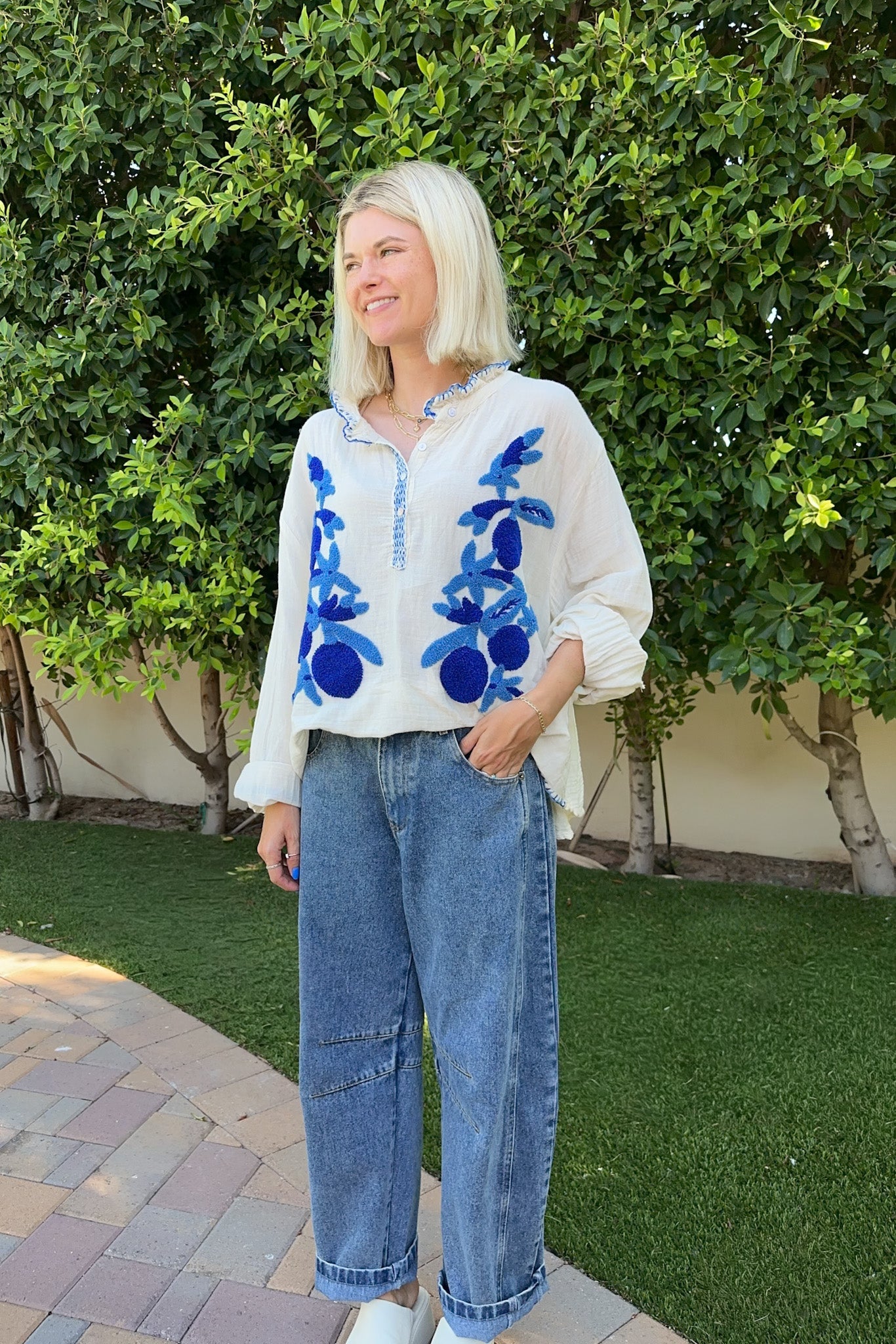 Dancing Queen Embroidered Cotton Top - Neutral Ground