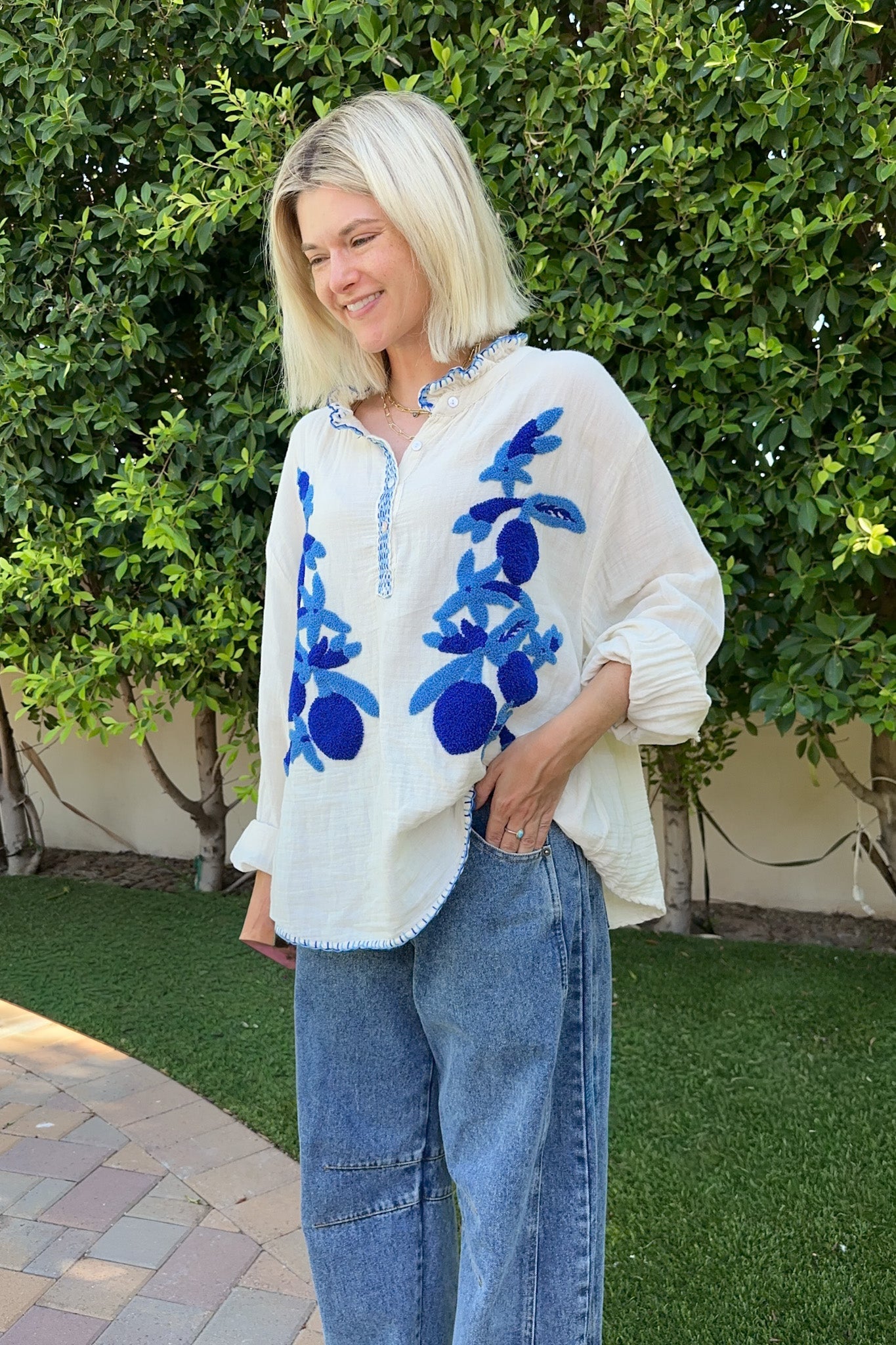 Dancing Queen Embroidered Cotton Top - Neutral Ground
