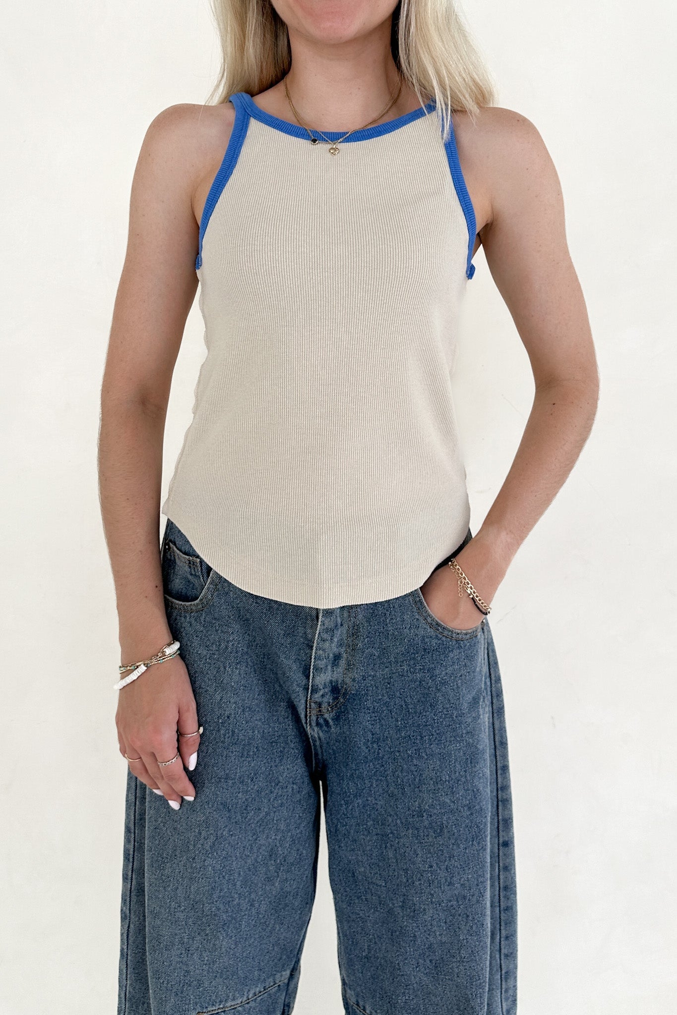 Daydreamer Color Block Tank Top in Blue and Stone - Neutral Ground