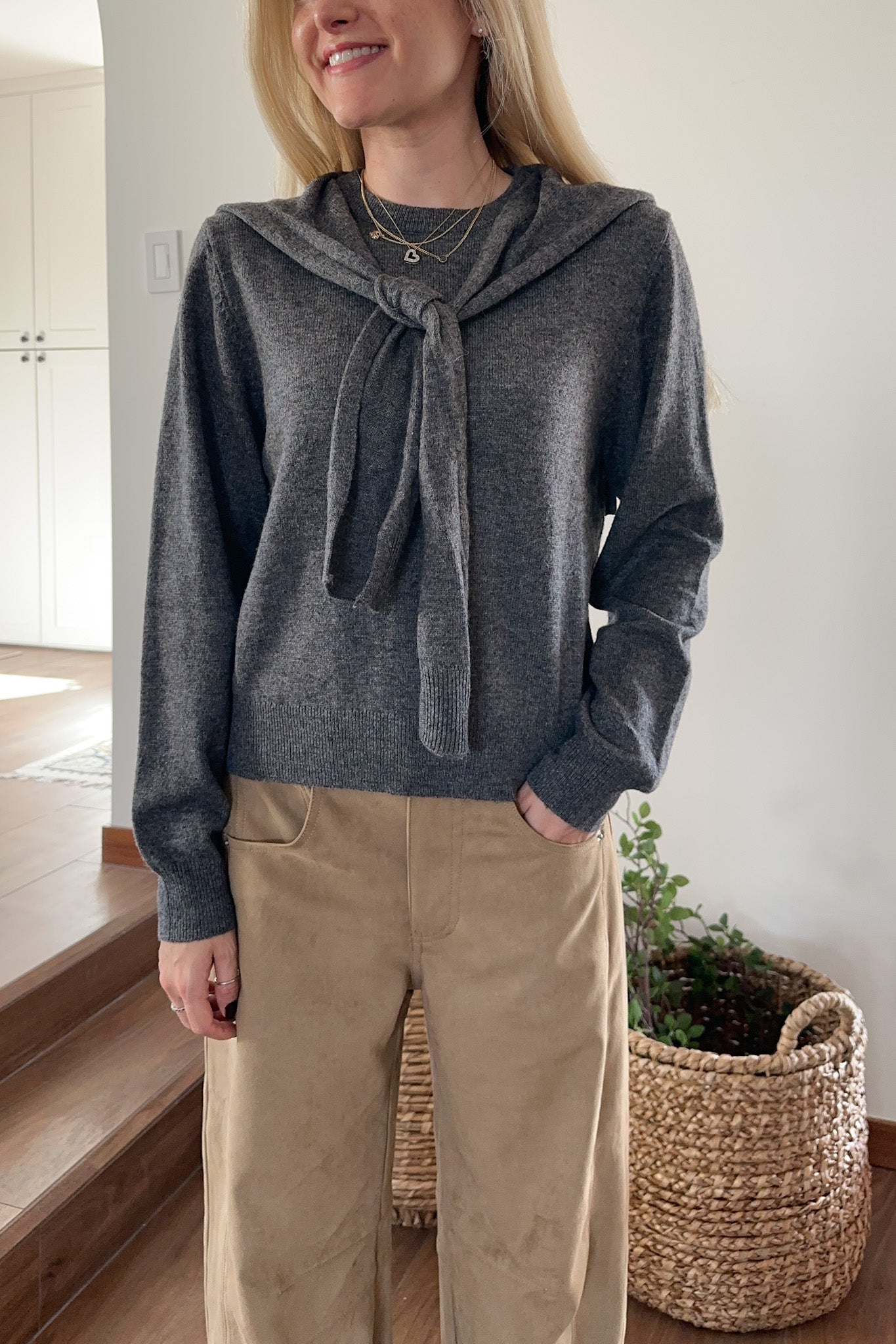 Delilah Round Neck Twofer Pullover Sweater - Neutral Ground