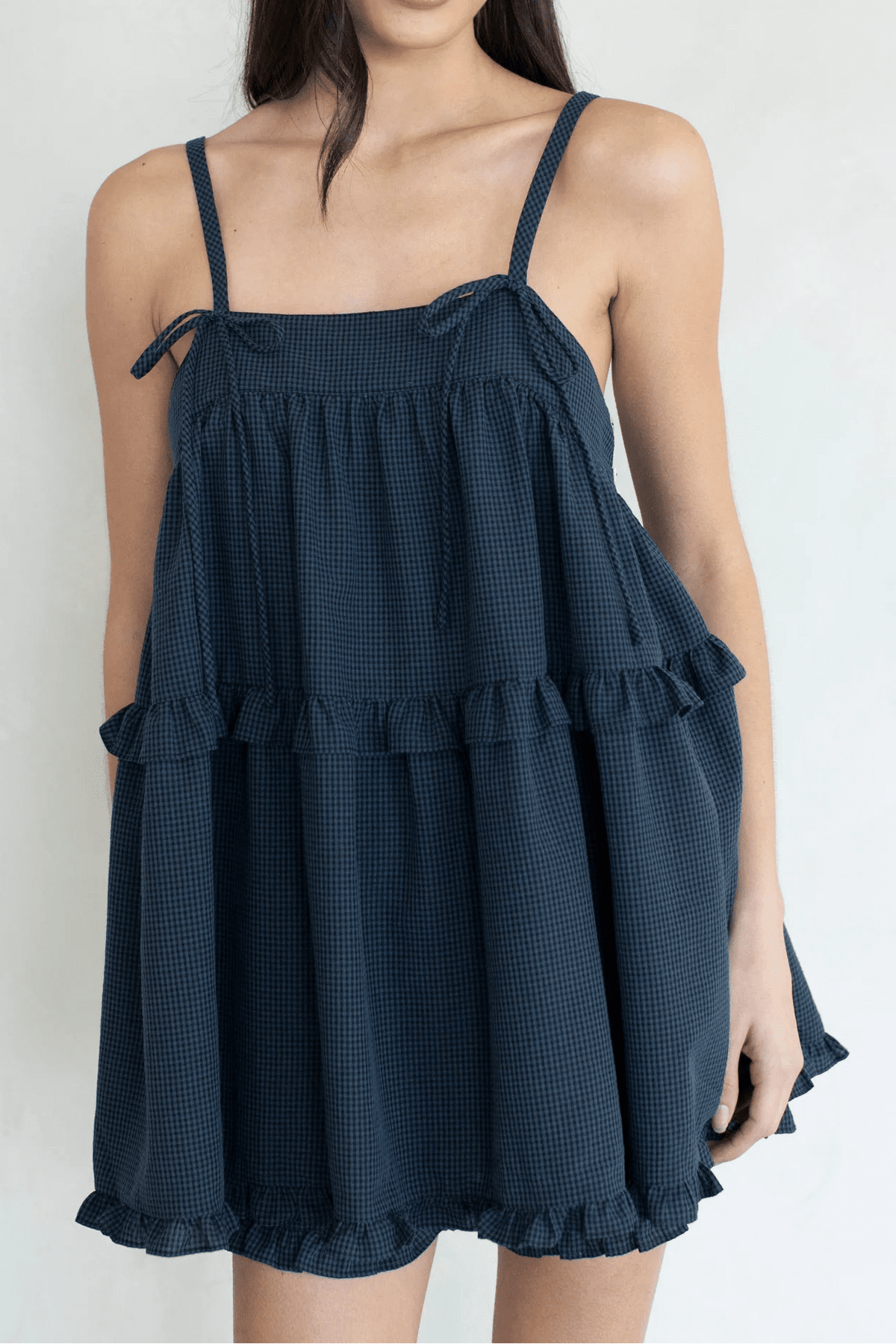 Dolly Gingham Ruffle Trim Tunic-Style Top l Neutral Ground