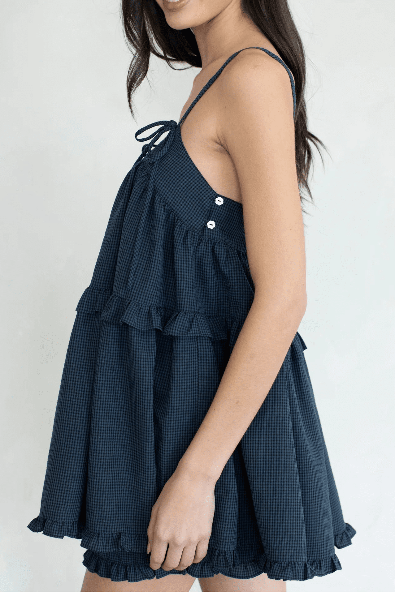 Dolly Gingham Ruffle Trim Tunic - Style Top - Neutral Ground