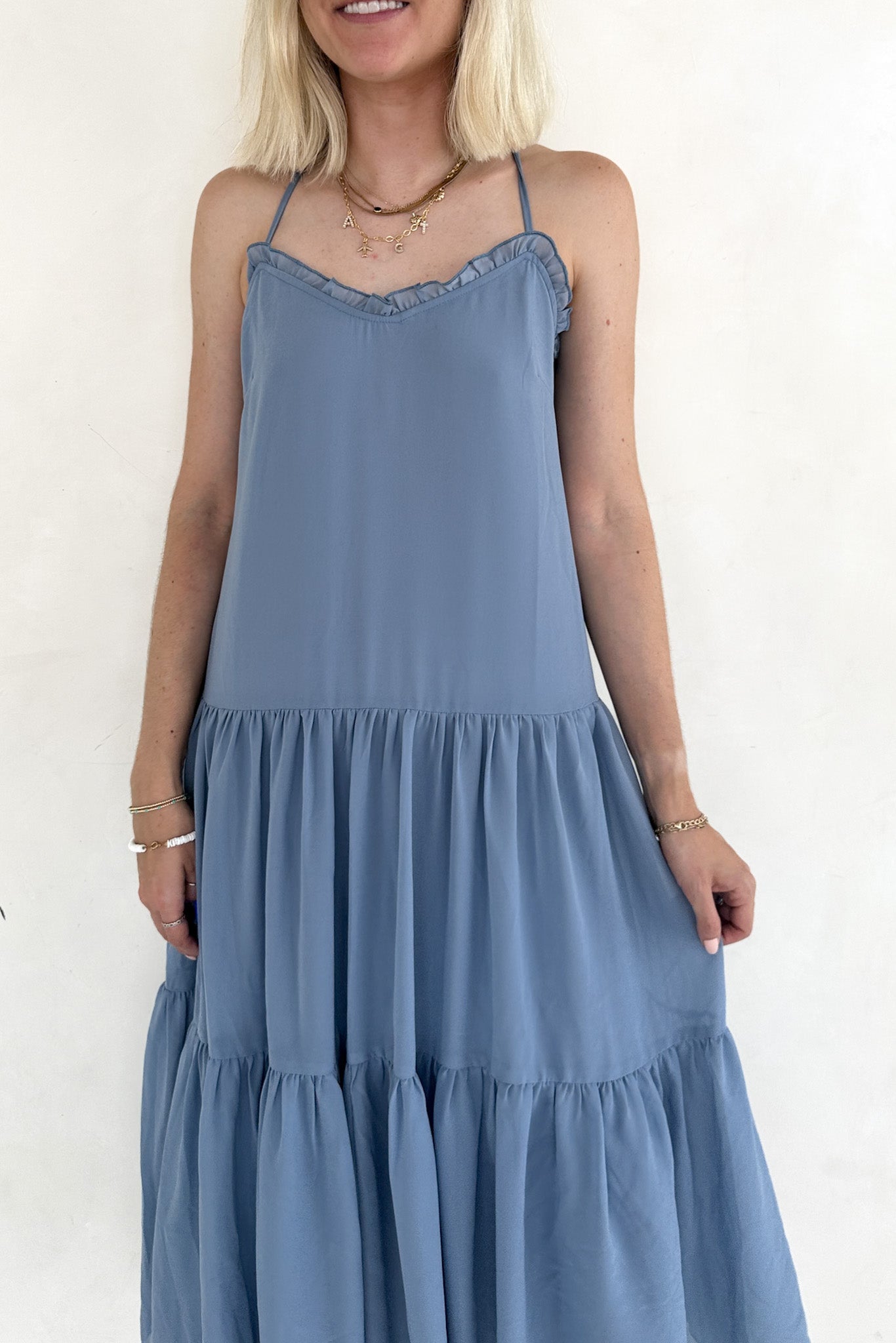 Dove Romantic Dusty Blue Tiered Midi Dress - Neutral Ground