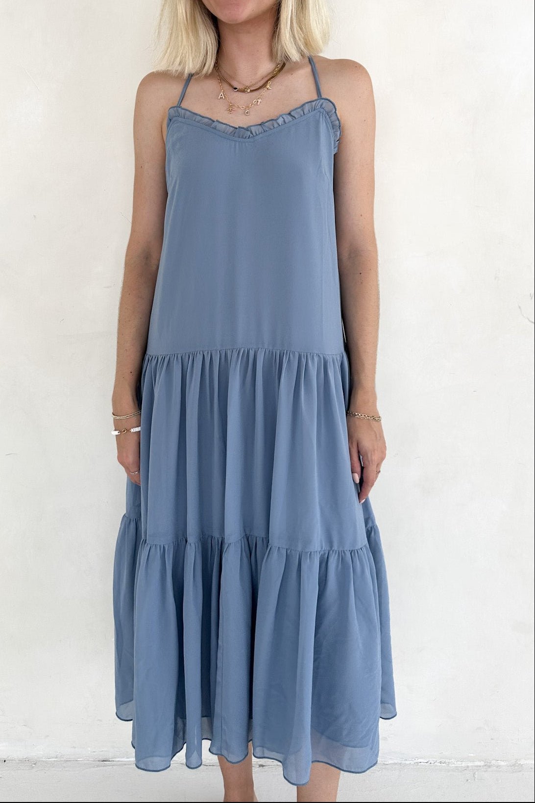 Dove Romantic Dusty Blue Tiered Midi Dress l Neutral Ground