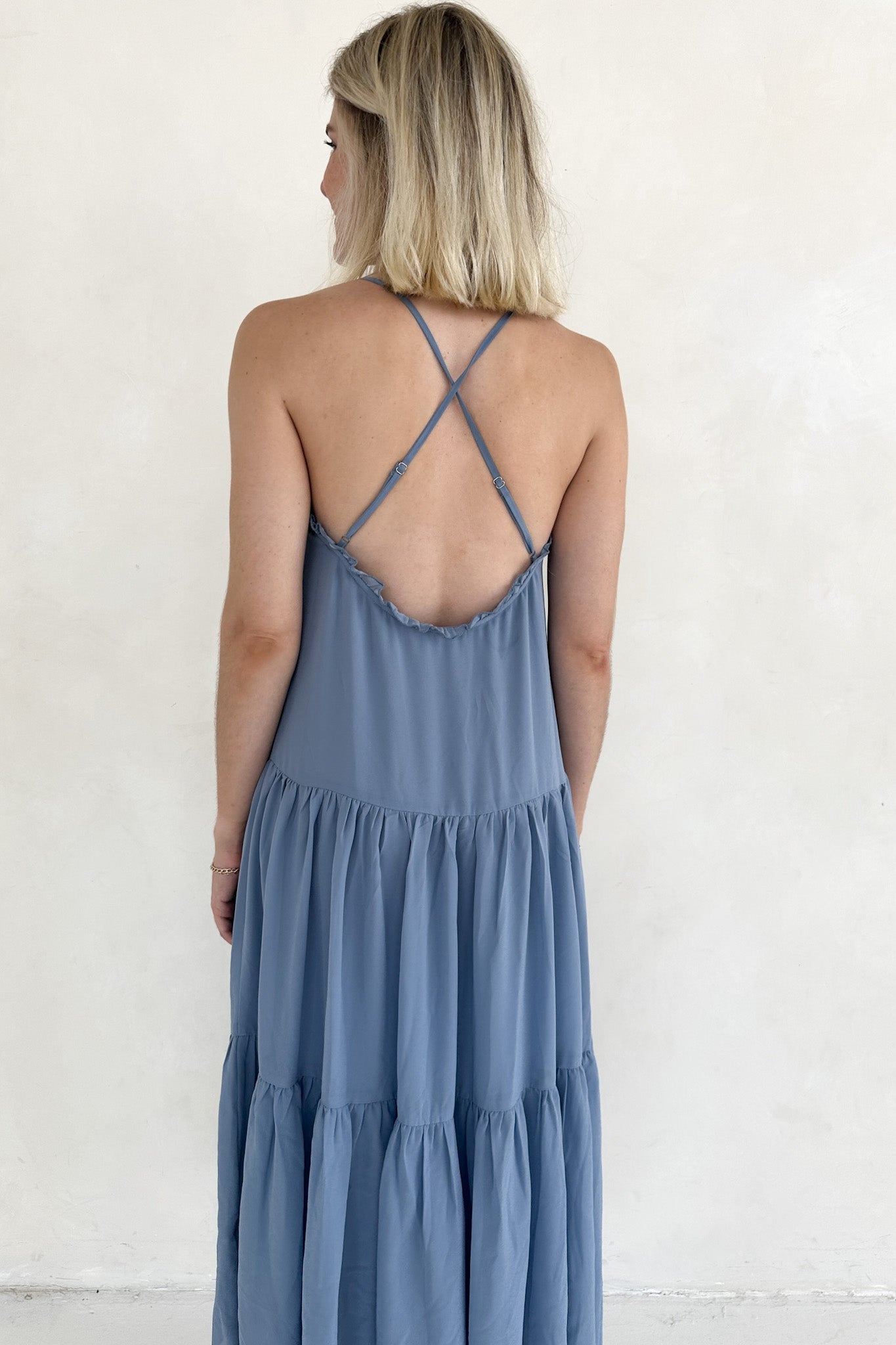 Dove Romantic Dusty Blue Tiered Midi Dress - Neutral Ground