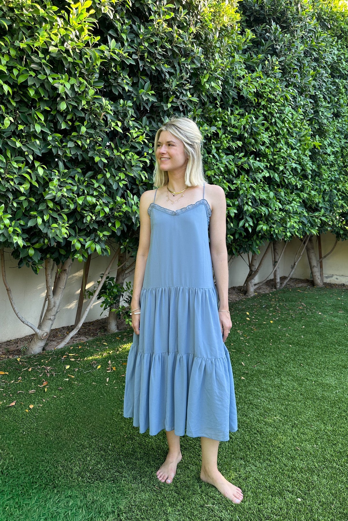 blue tiered midi dress Dove Romantic Dusty L Neutral Ground L Color:Navy/White Stripe tie front midi dress closet_81001 MATERIAL POLYESTER/SPANDEX