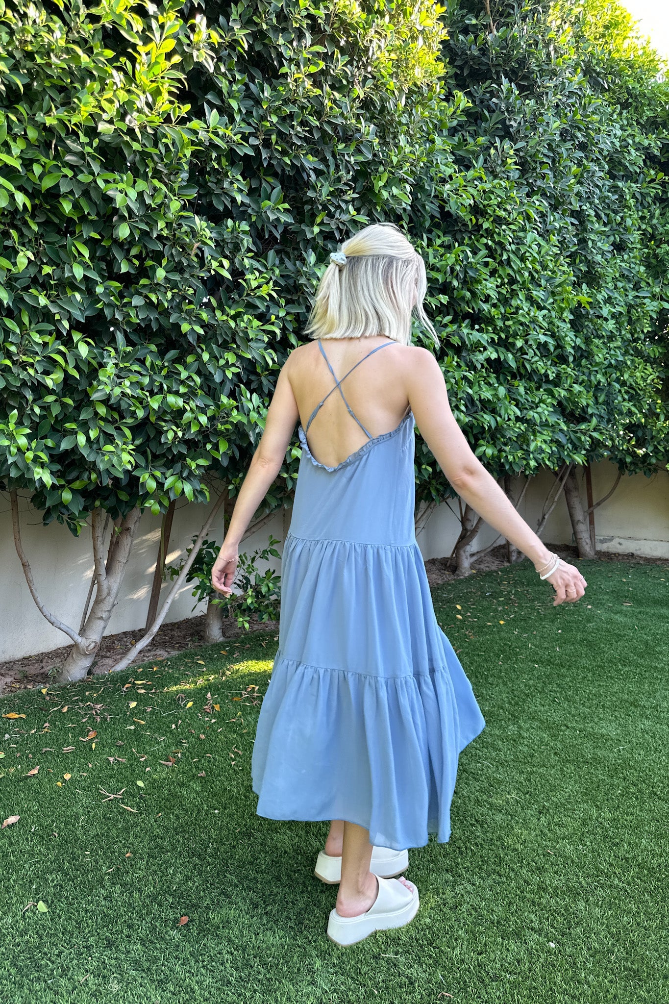 Dove Romantic Dusty Blue Tiered Midi Dress - Neutral Ground