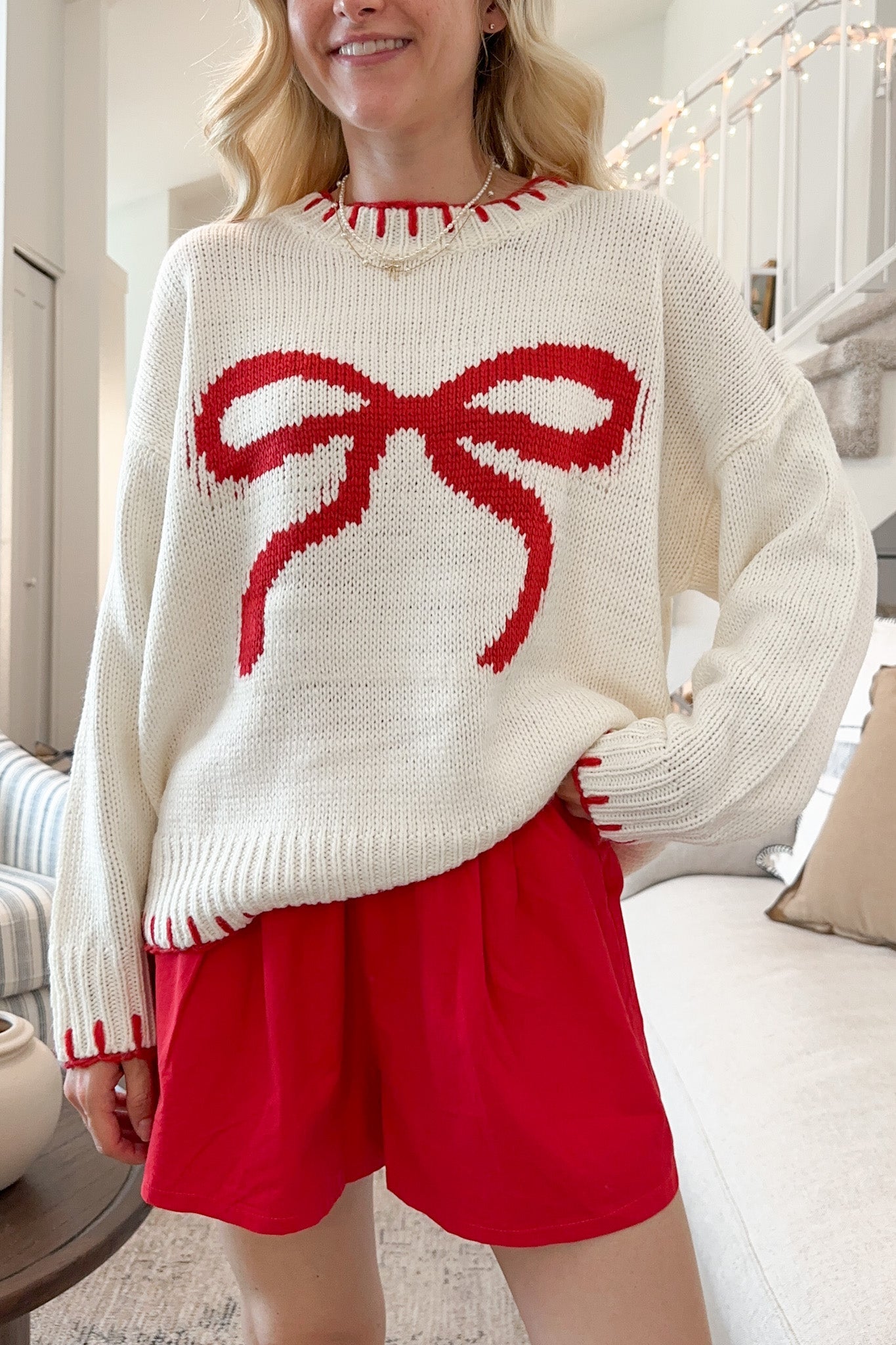 Eloise Giant Ribbon Sweater in Holiday Cream - Neutral Ground