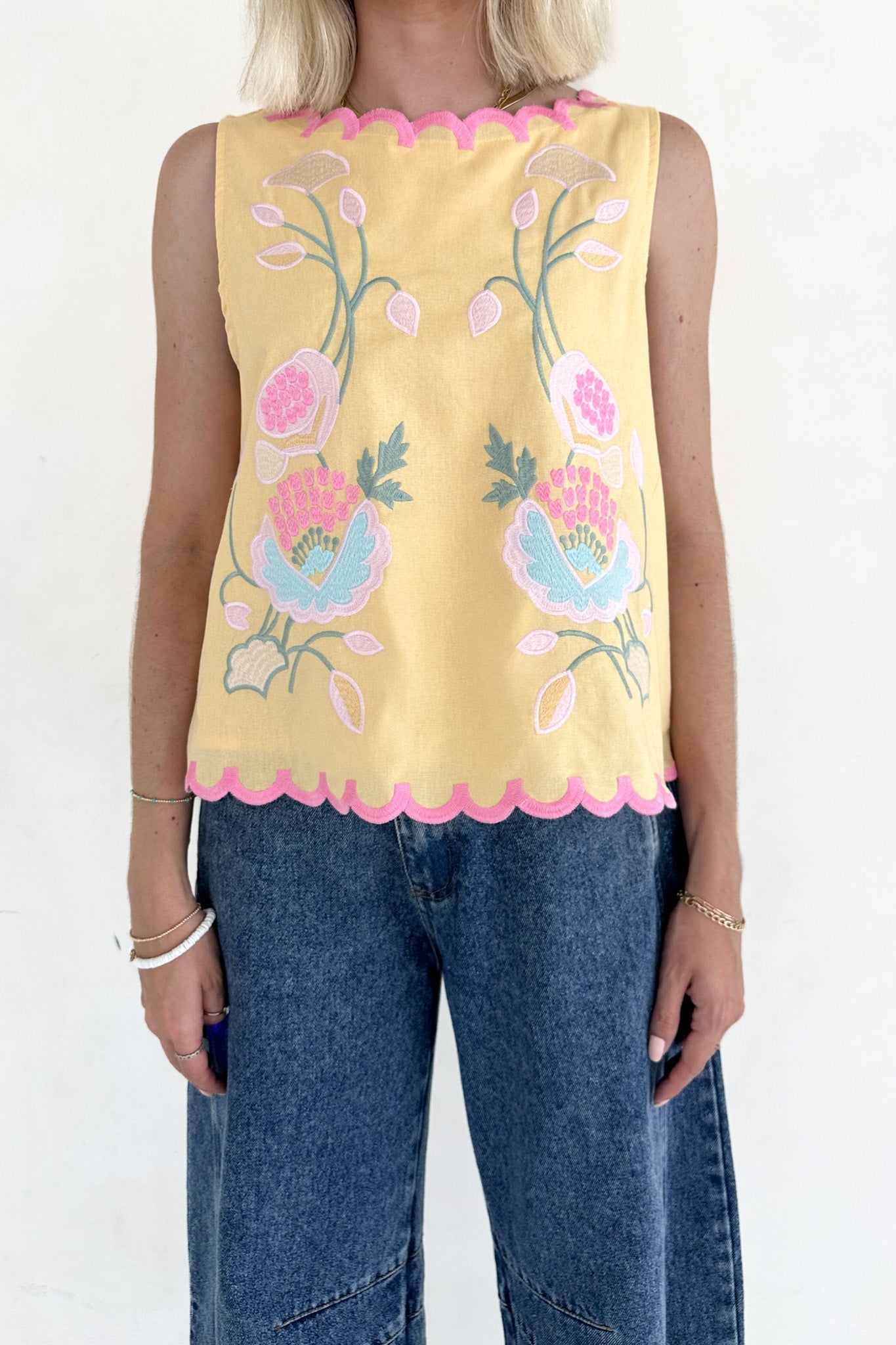 Eloise Sleeveless Floral Embroidered Top in Butter - Neutral Ground