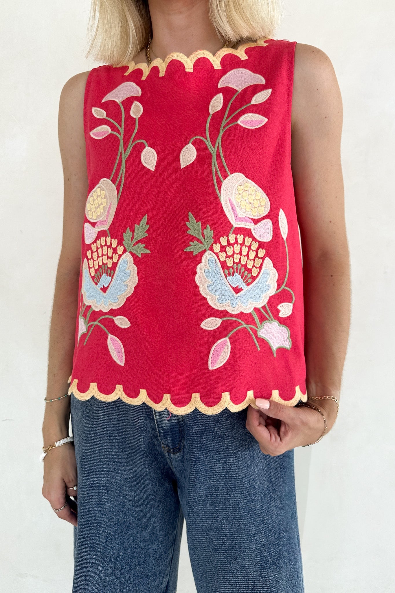 Eloise Sleeveless Floral Embroidered Top in Raspberry - Neutral Ground