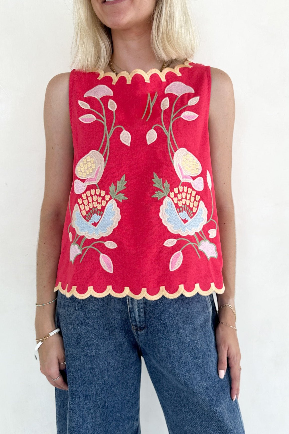Eloise Sleeveless Floral Embroidered Top in Raspberry - Neutral Ground