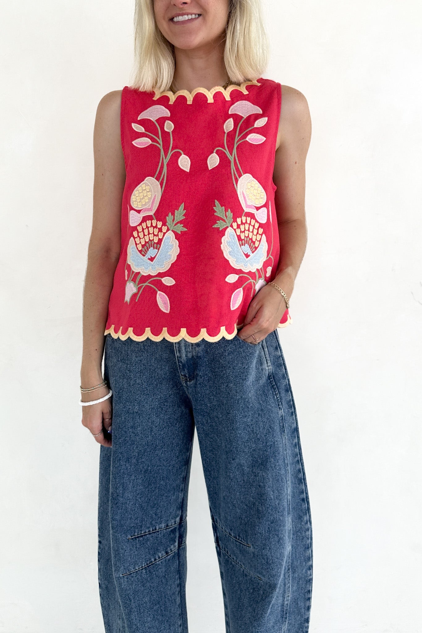 Eloise Sleeveless Floral Embroidered Top in Raspberry - Neutral Ground