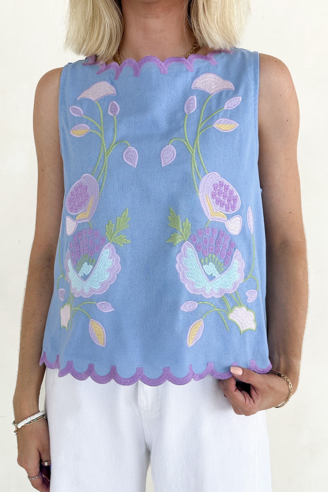 Eloise Sleeveless Floral Embroidered Top in Sky Blue - Neutral Ground