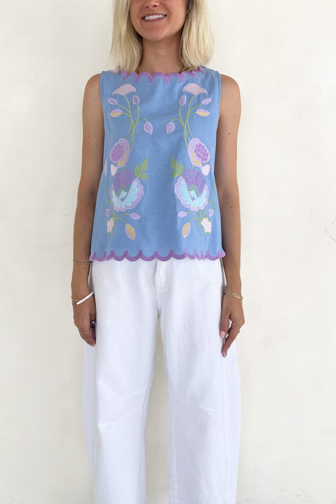 Eloise Sleeveless Floral Embroidered Top in Sky Blue - Neutral Ground