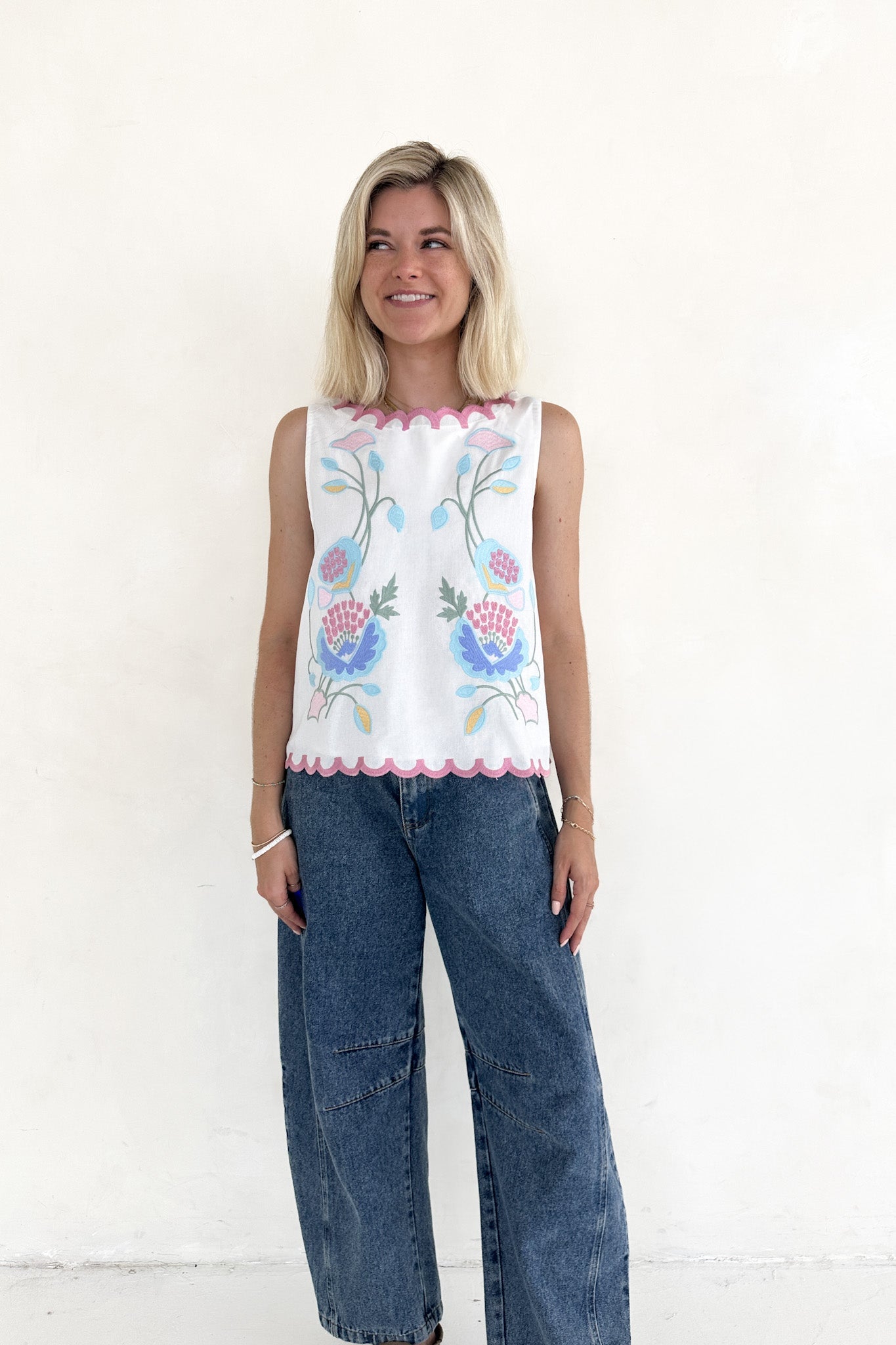 Eloise Sleeveless Floral Embroidered Top in White - Neutral Ground