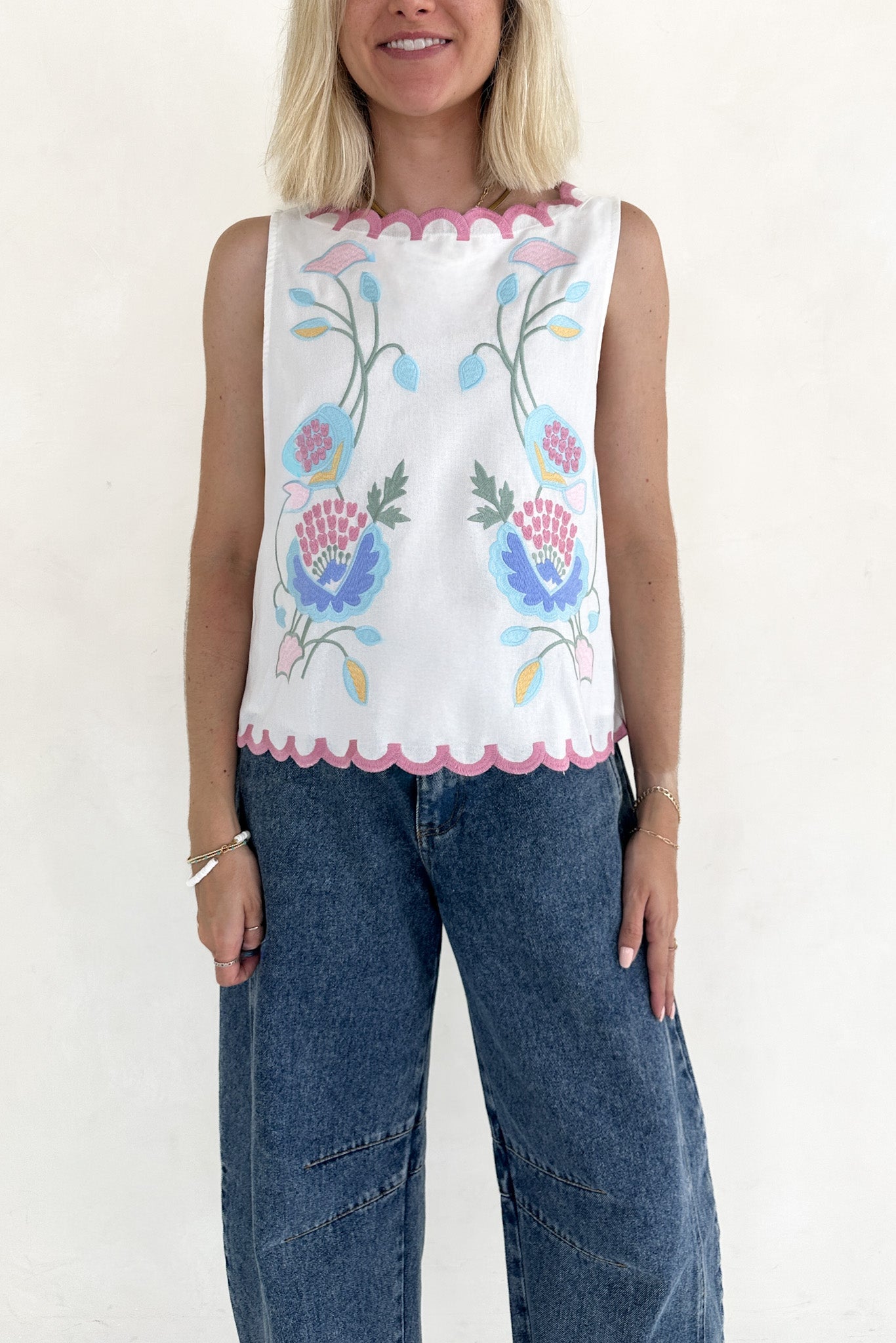 Eloise Sleeveless Floral Embroidered Top in White - Neutral Ground