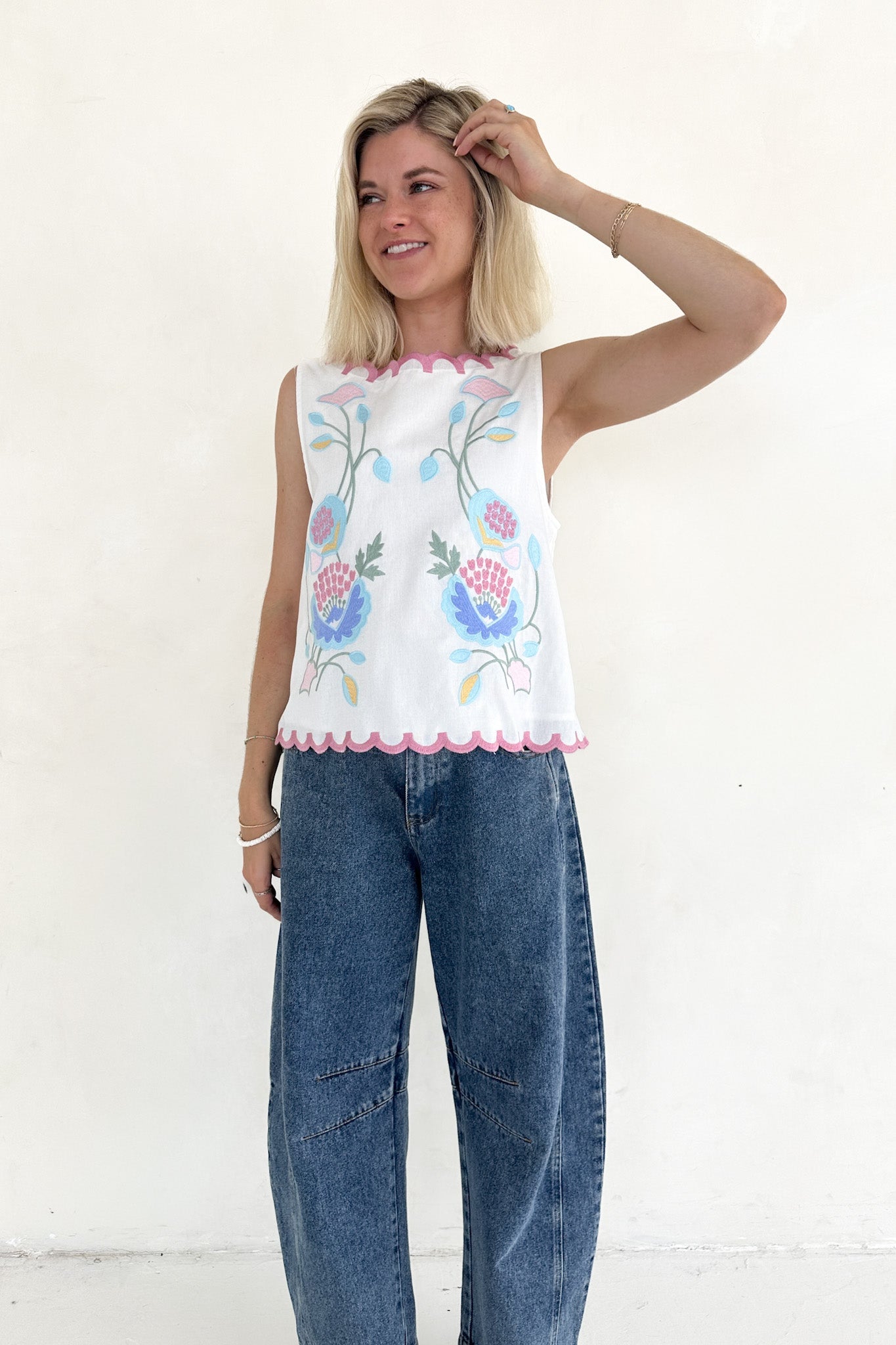 Eloise Sleeveless Floral Embroidered Top in White - Neutral Ground