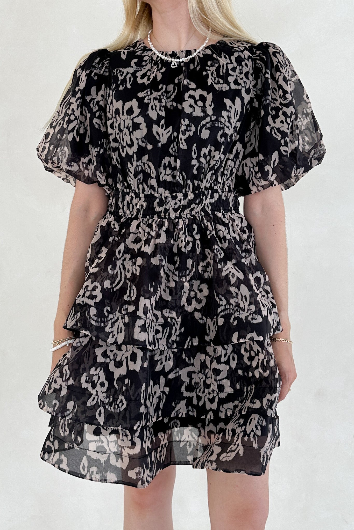 Emma Floral Organza Puff - sleeve Tier Ruffle Mini Dress - Neutral Ground