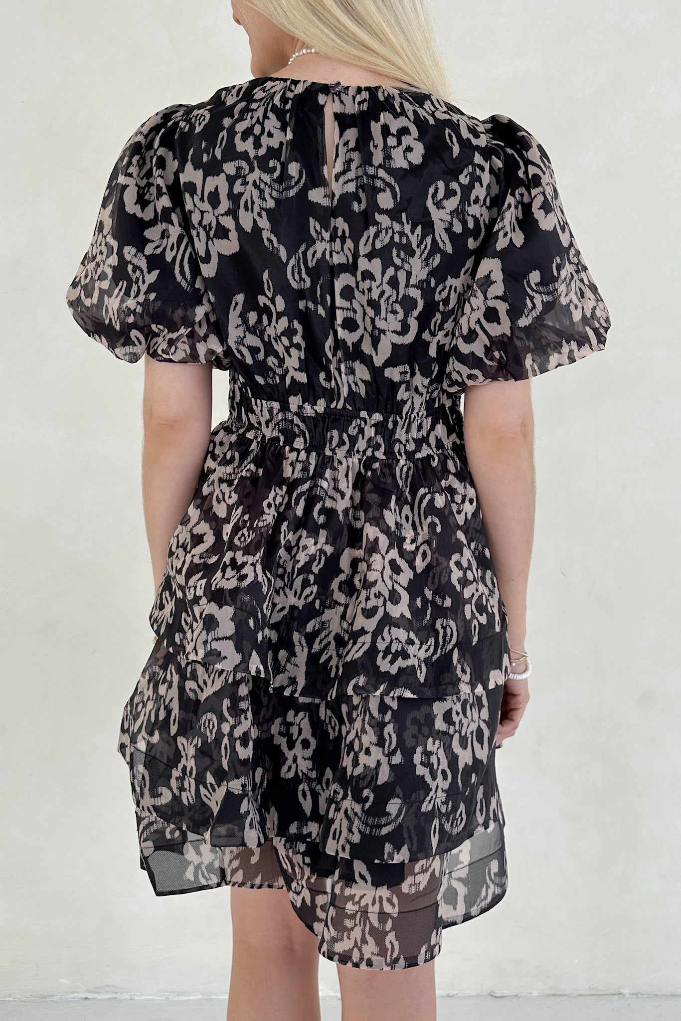 Emma Floral Organza Puff - sleeve Tier Ruffle Mini Dress - Neutral Ground