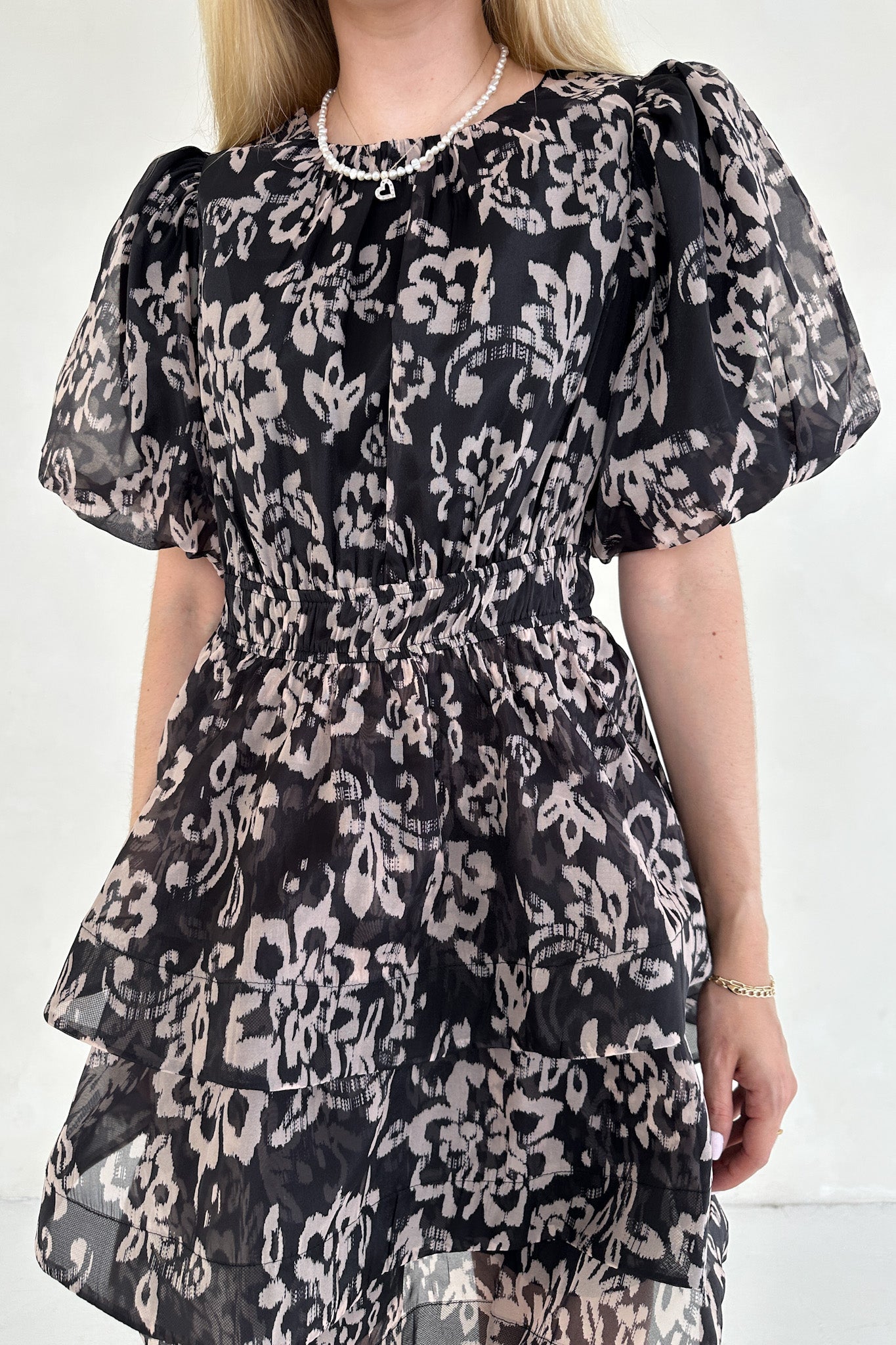 Emma Floral Organza Puff - sleeve Tier Ruffle Mini Dress - Neutral Ground