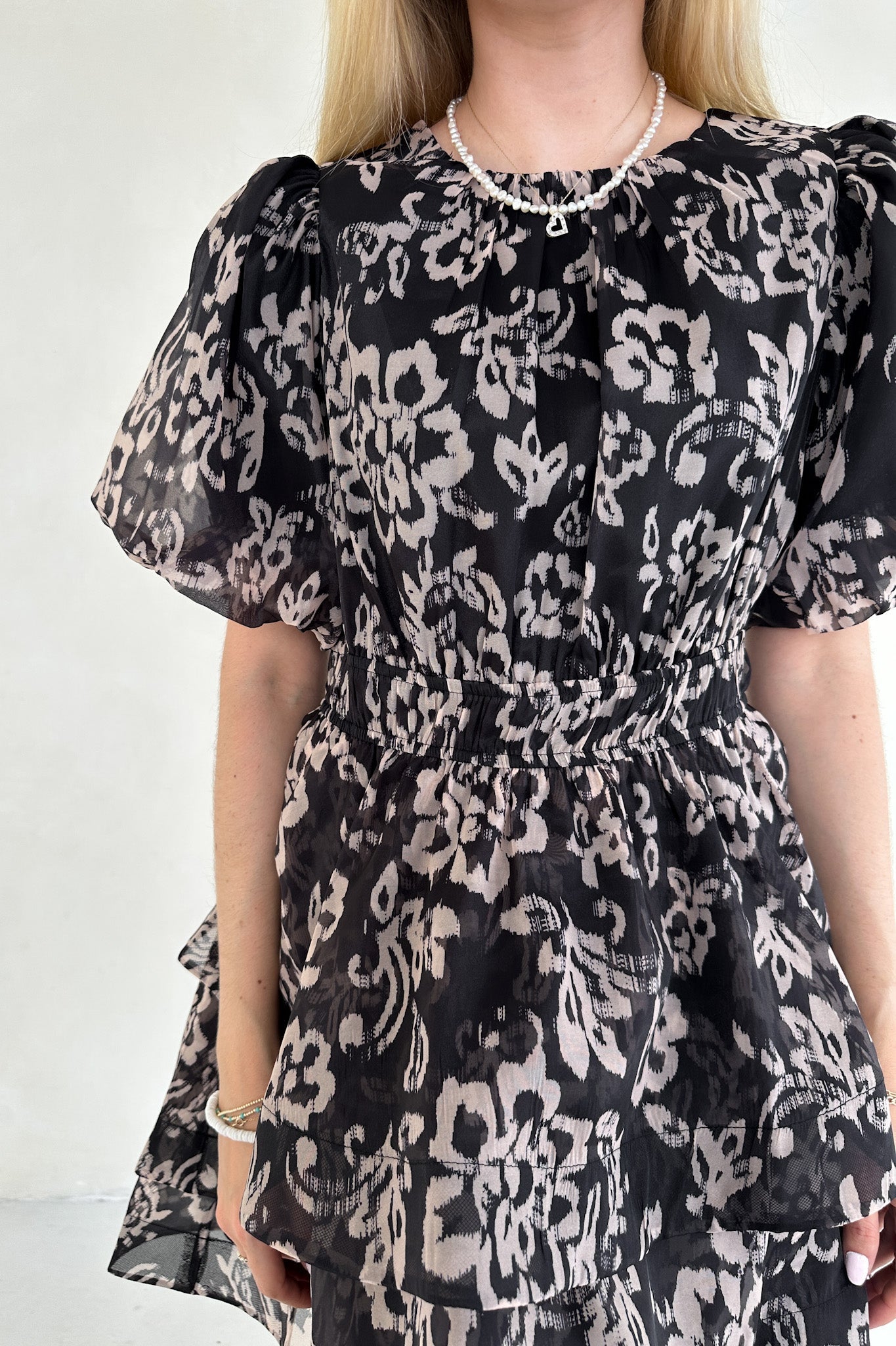 Emma Floral Organza Puff - sleeve Tier Ruffle Mini Dress - Neutral Ground